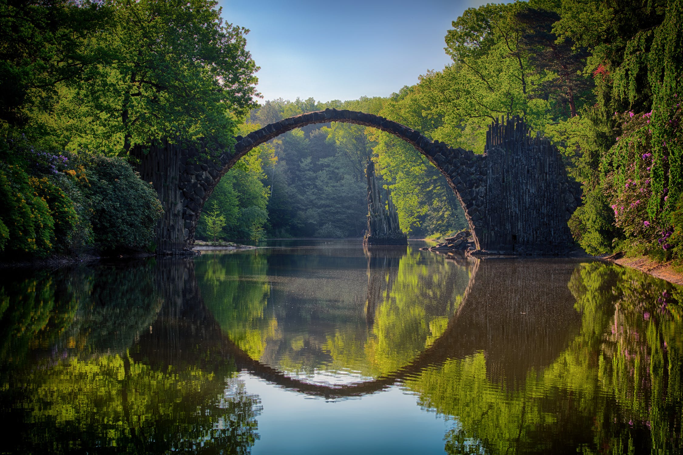 General 2251x1500 nature water bridge stones forest arch reflection