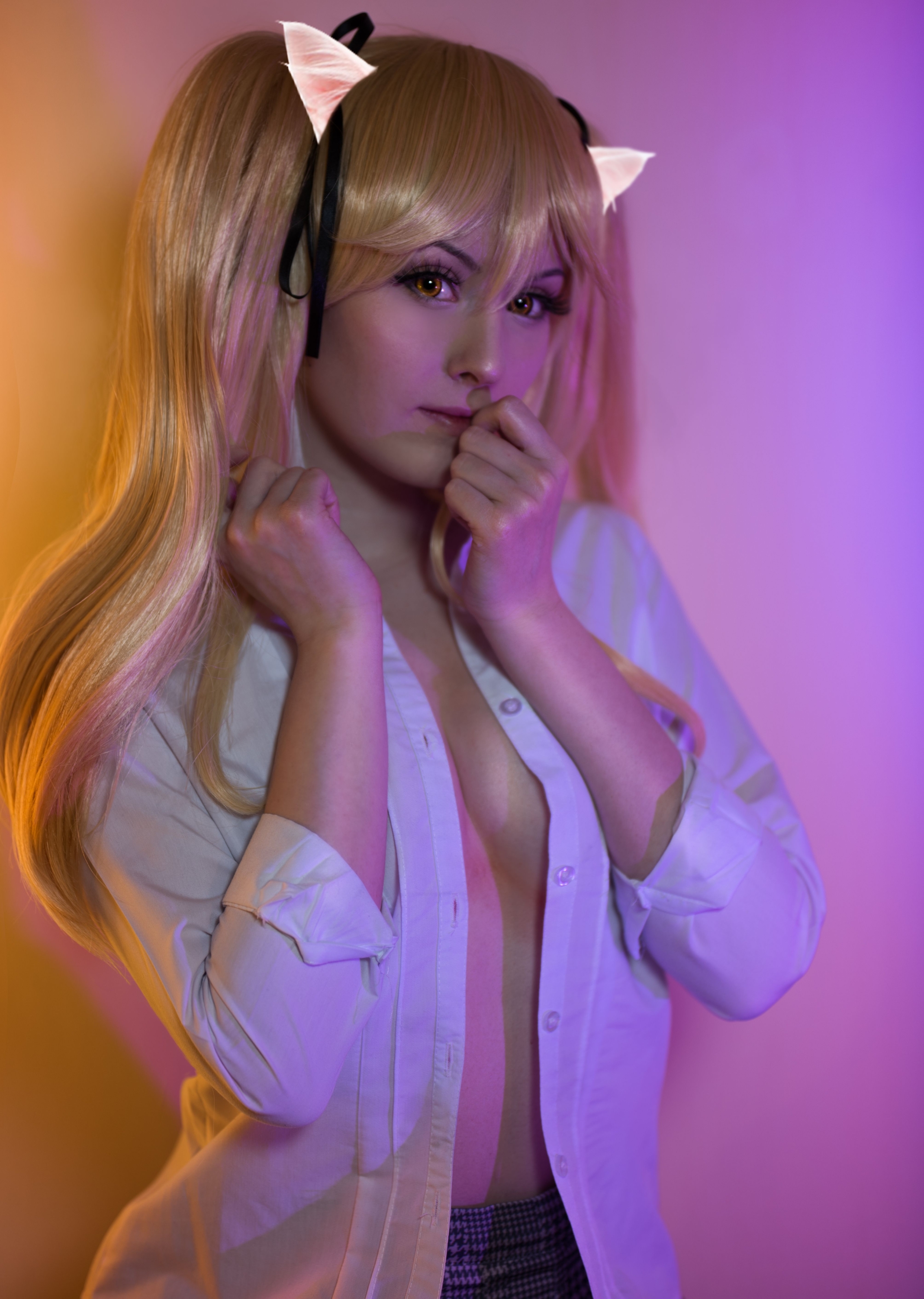 People 2135x3000 Blue Snow women model blonde cosplay Saotome Meari Kakegurui looking at viewer open shirt covering boobs twintails