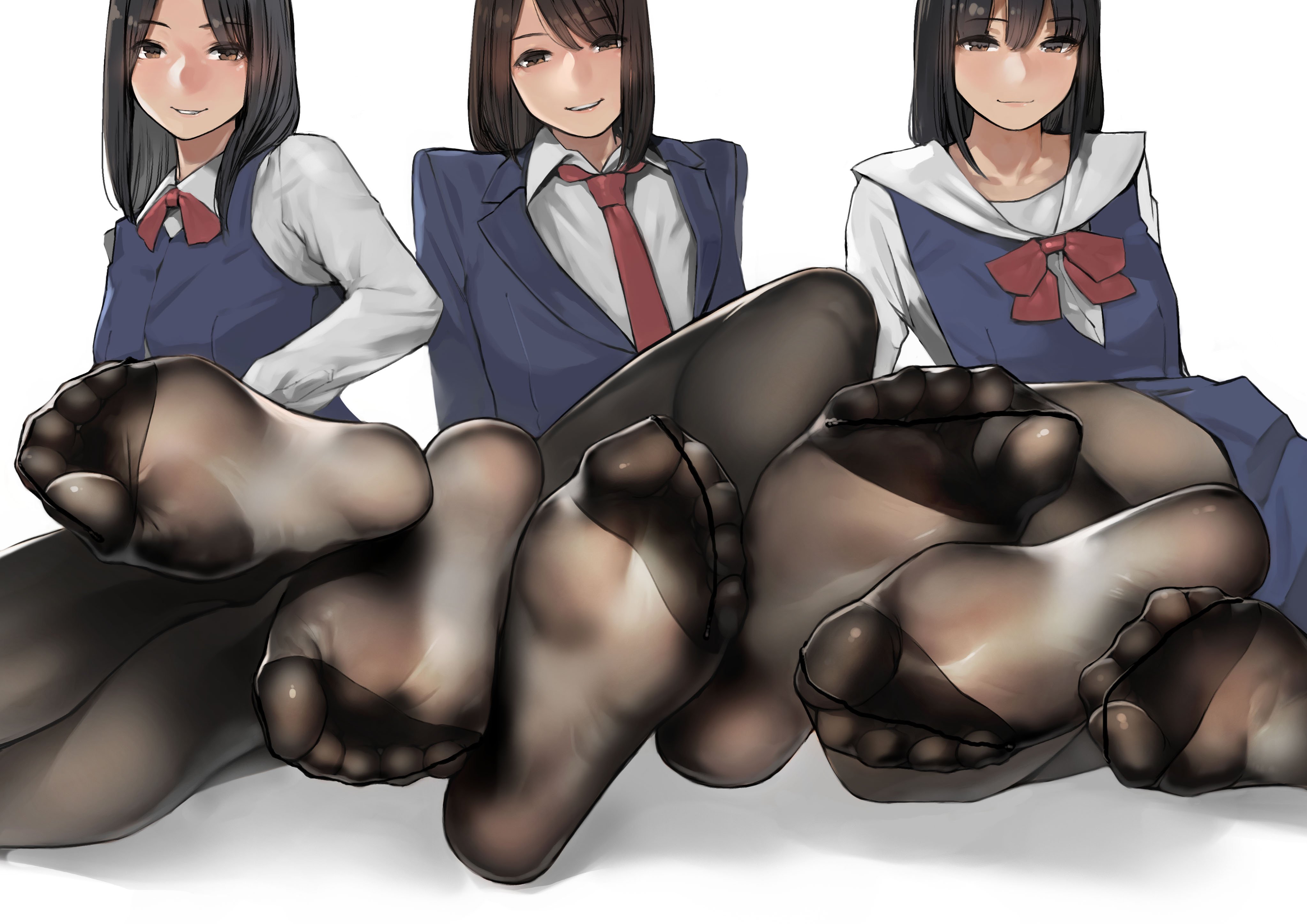 Anime 4092x2893 yomu school uniform pantyhose feet Miru Tights Ren Aikawa (Miru Tights) Yua Nakabeni (Miru Tights) Homi Moegi (Miru Tights) foot fetishism white background bright