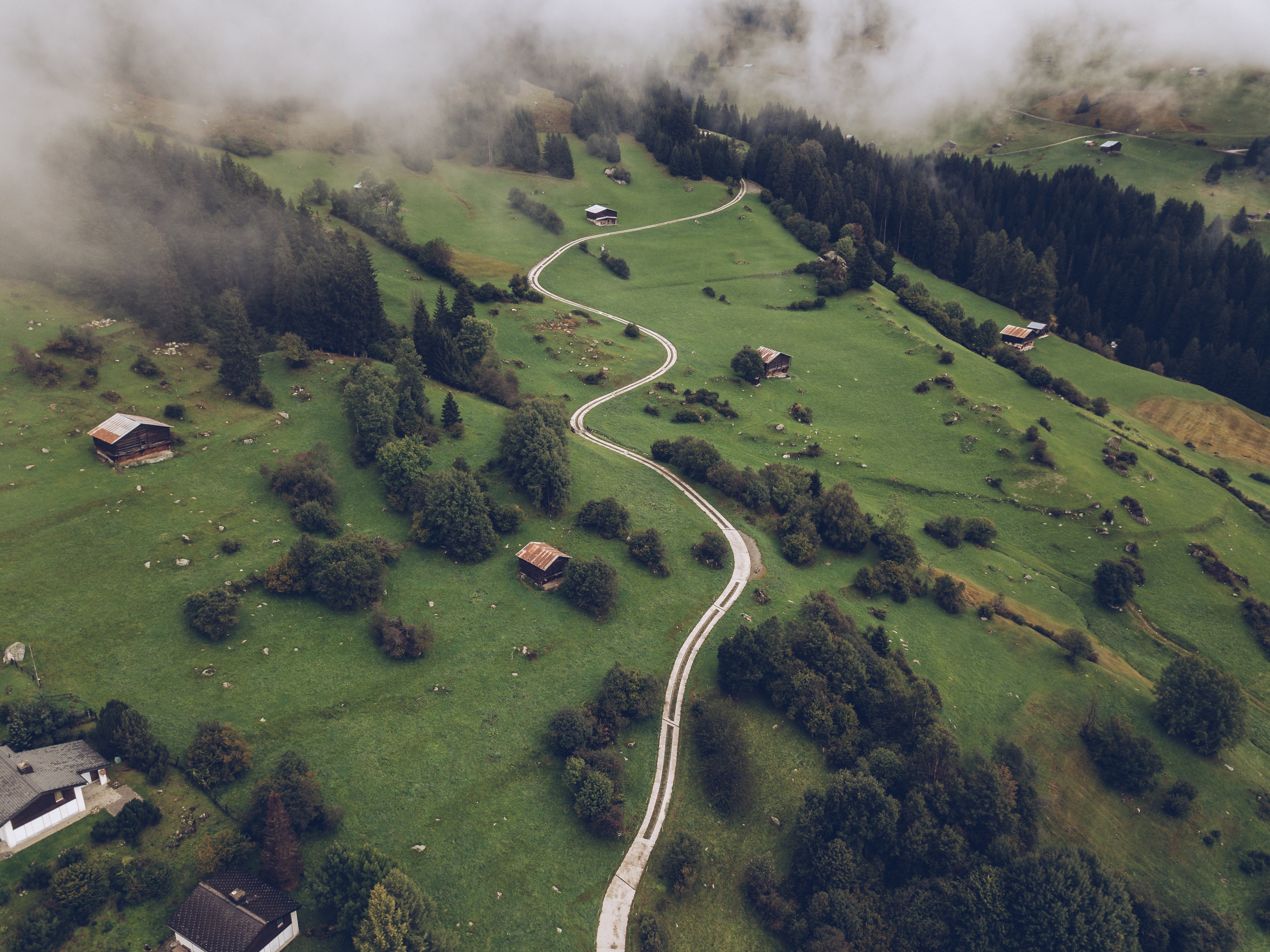 General 3982x2985 nature landscape house road clouds mist trees village aerial view drone photo Switzerland