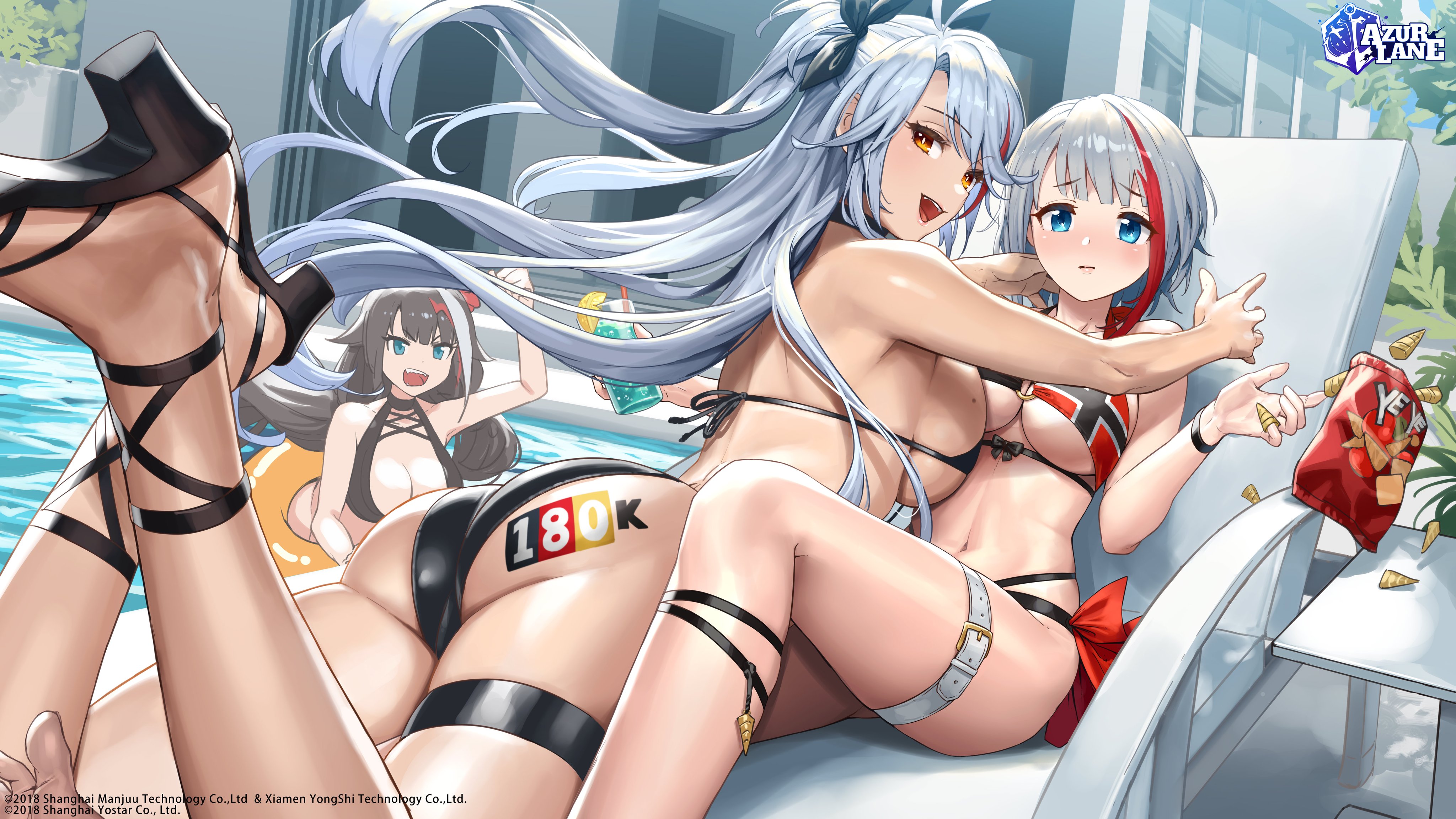 Anime 4096x2304 anime anime girls Azur Lane Admiral Graf Spee (Azur Lane) Deutschland (Azur Lane) Prinz Eugen (Azur Lane) bikini swimming pool ass cuboon