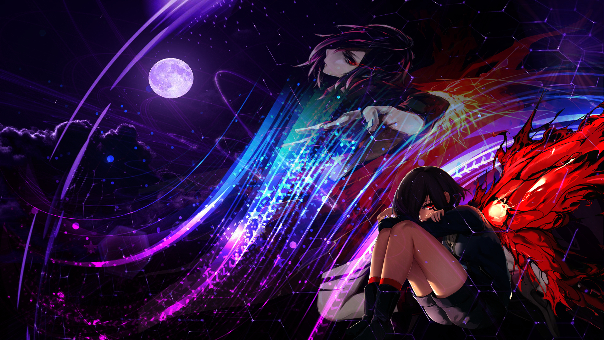 Anime 1920x1080 Tokyo Ghoul Touka tokyo ghoul anime girls red eyes colorful sitting legs anime