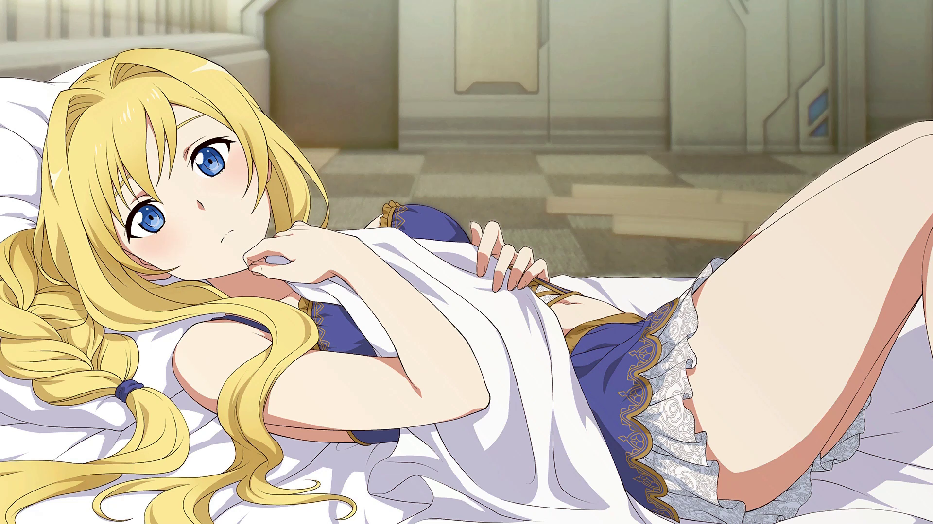 Anime 1920x1080 anime anime girls blue eyes long hair legs Alice Zuberg in bed blonde Sword Art Online Alicization