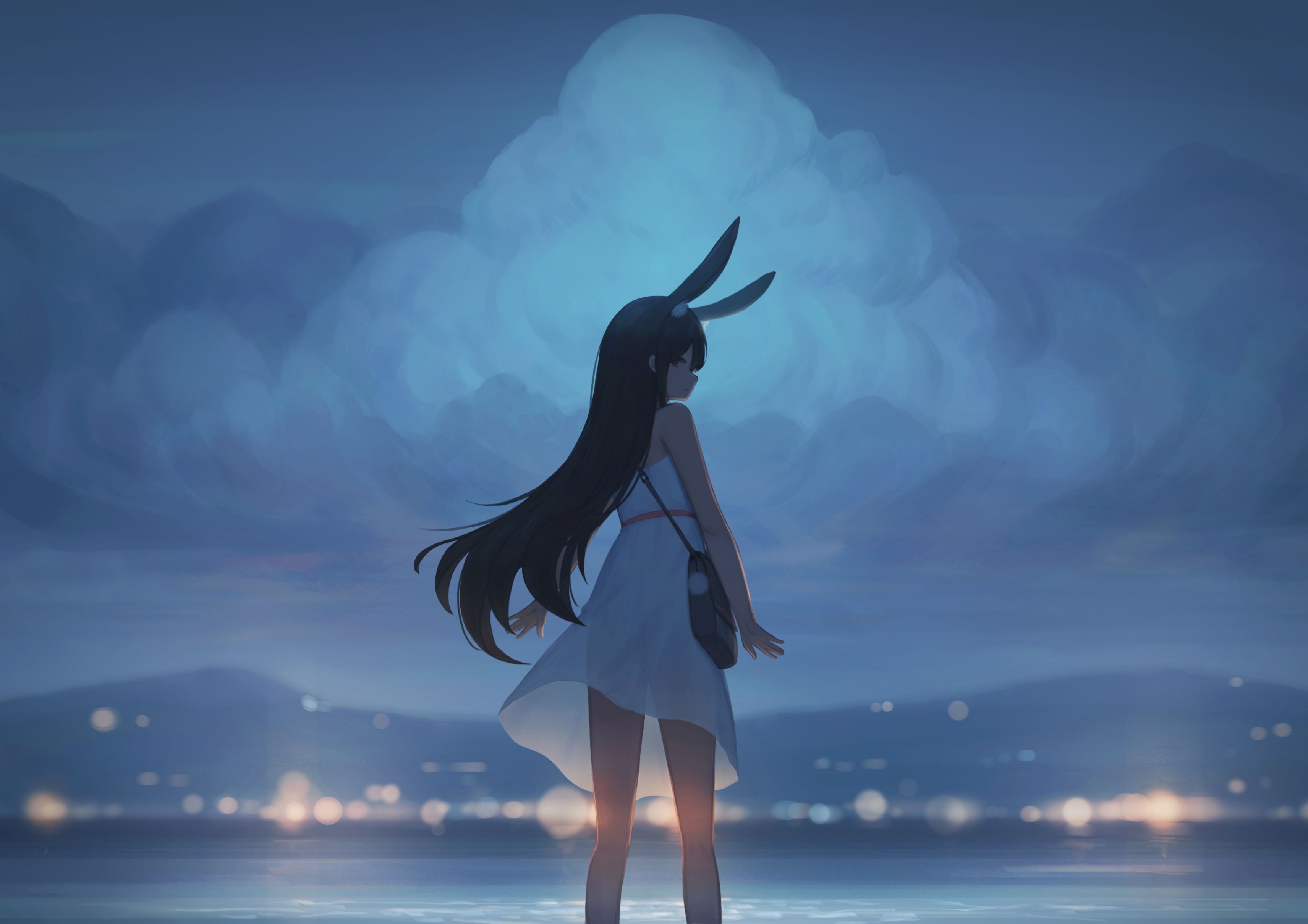 Anime 3424x2421 anime anime girls clouds bunny ears water standing animal ears dress Yao Ren Gui artwork