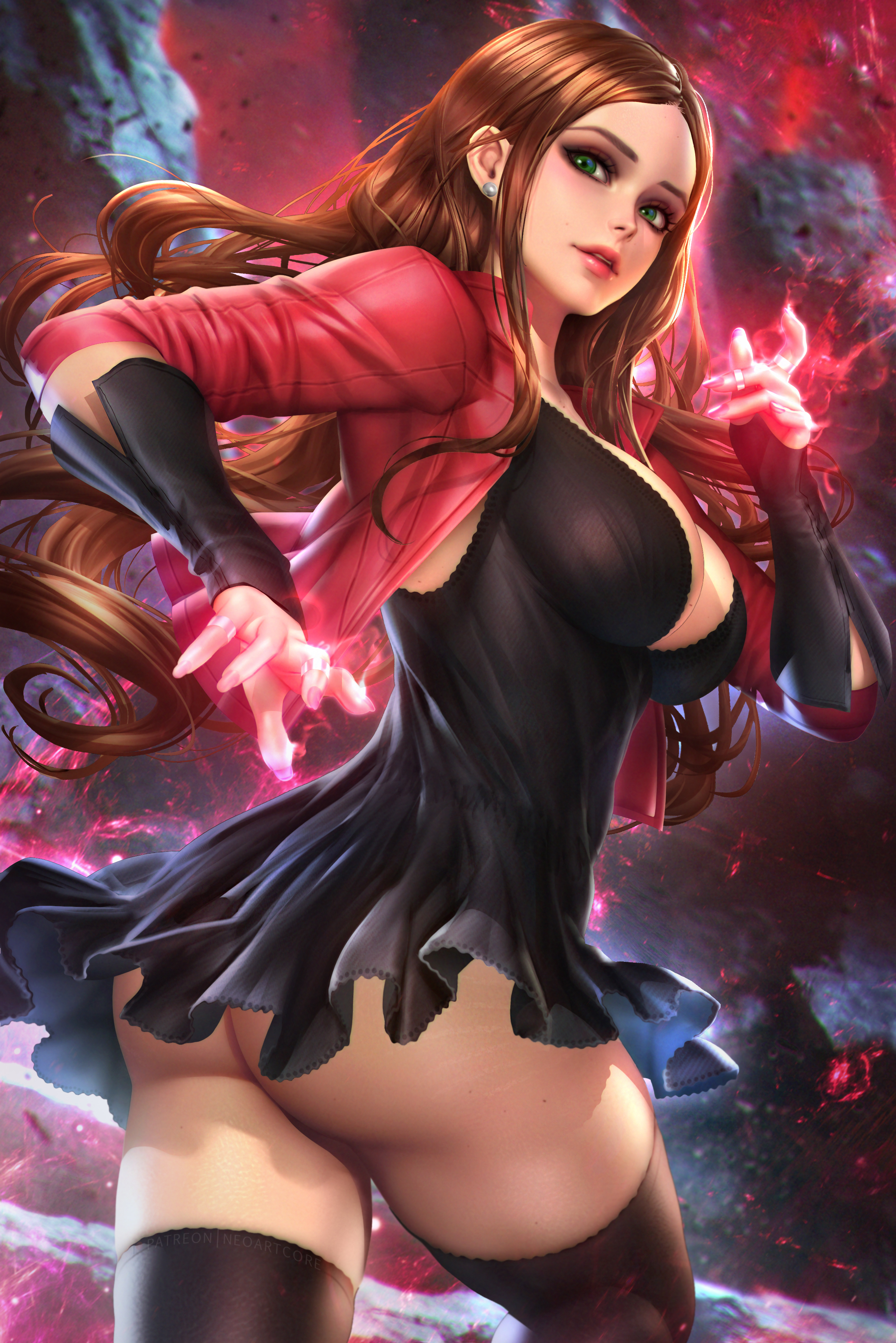 General 2400x3597 Scarlet Witch Marvel Comics superheroines brunette long hair green eyes looking at viewer parted lips low-angle jacket dress cleavage arm warmers ass upskirt thigh-highs stockings portrait display fantasy girl artwork drawing digital art fan art NeoArtCorE (artist) depth of field thick thigh