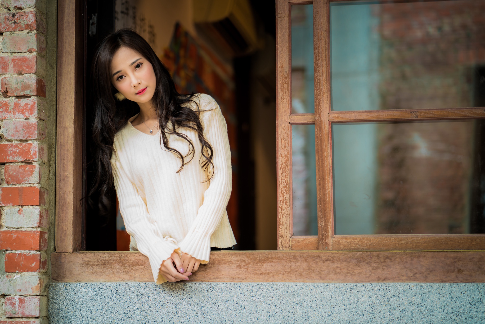 People 2048x1366 Asian women modding long hair Colette Brunel pullover window frames looking at viewer