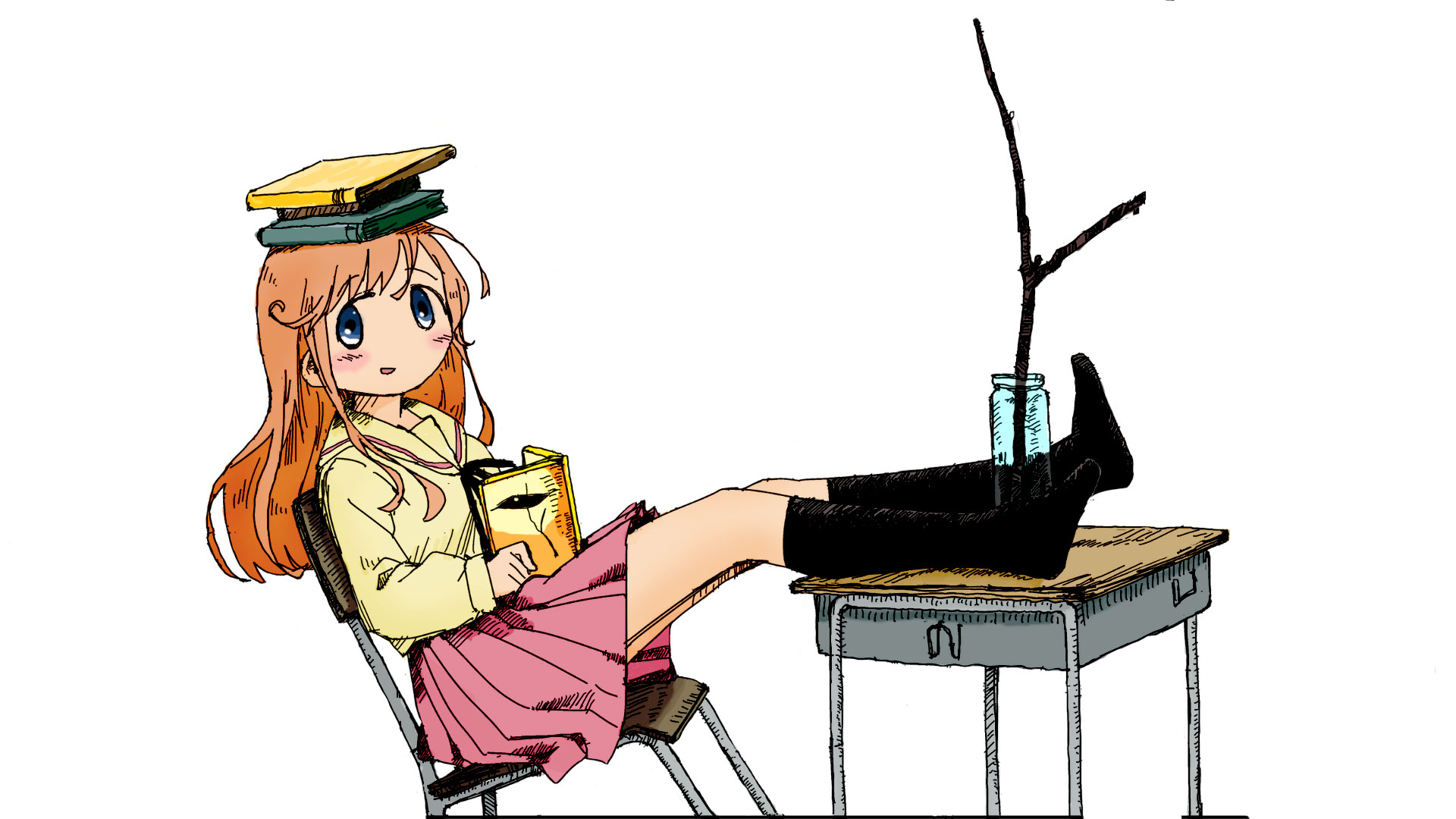 Anime 1920x1080 anime girls books legs up anime simple background
