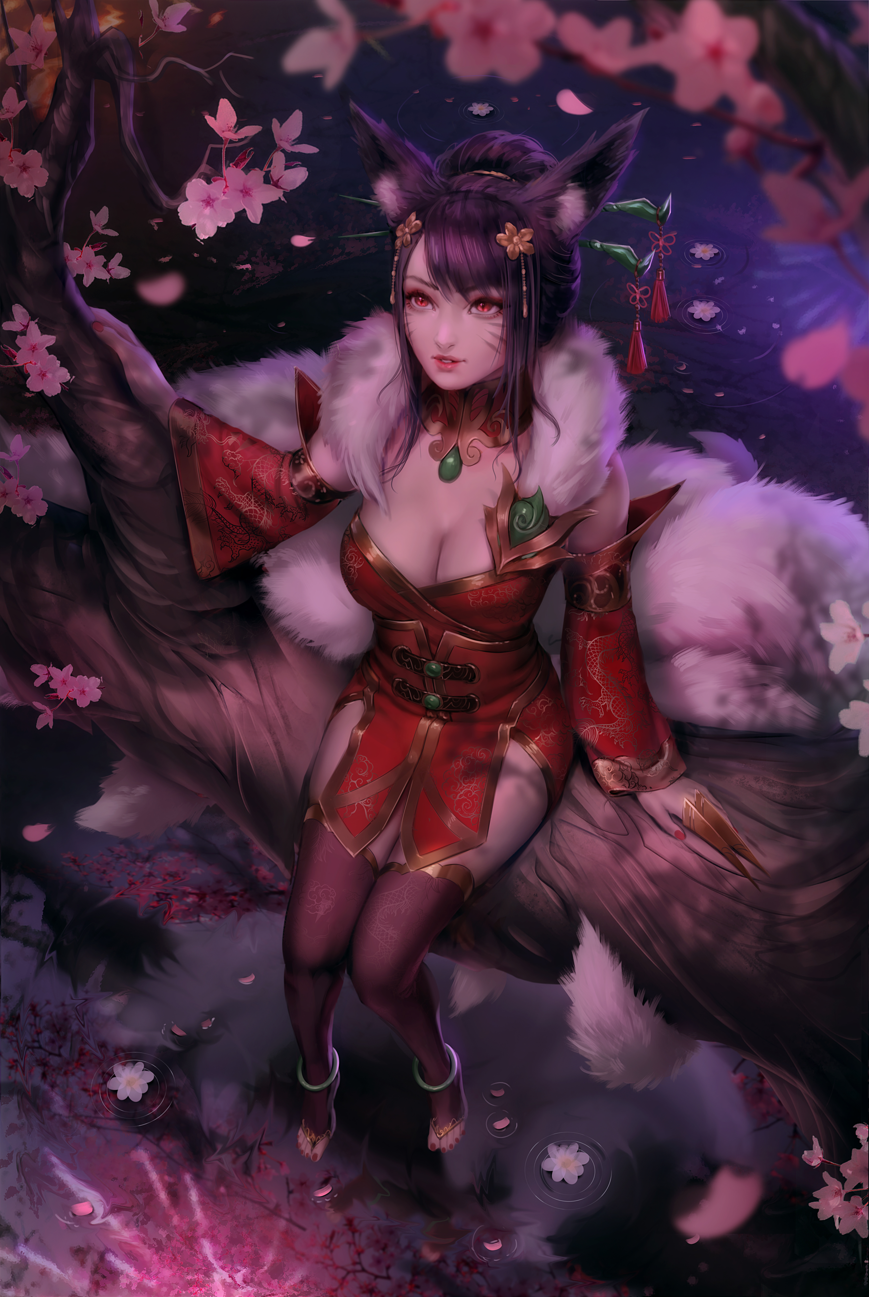 General 3349x5000 Ahri (League of Legends) League of Legends video games video game characters video game girls fox girl fox ears tail fantasy girl red eyes looking up bokeh high angle cherry blossom flowers sitting cleavage kimono detached sleeves thigh-highs hair accessories portrait display artwork drawing digital art fan art Zarory
