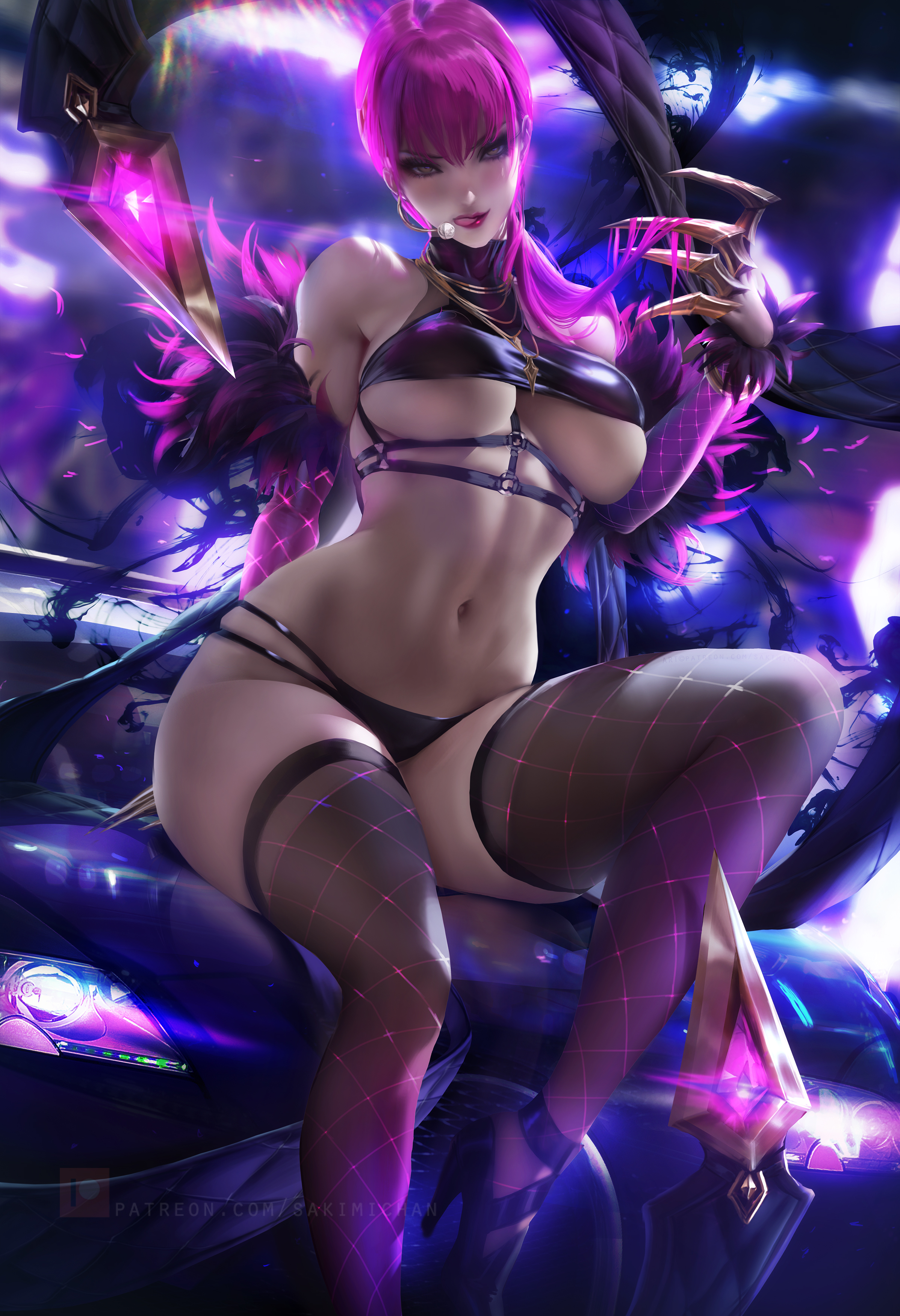General 2395x3500 Evelynn (League of Legends) League of Legends K/DA video games video game characters video game girls portrait display purple hair bangs glowing underwear bra underboob panties belly necklace thick thigh stockings black stockings high heels car women with cars looking at viewer sensual gaze artwork drawing digital art illustration fan art Sakimichan