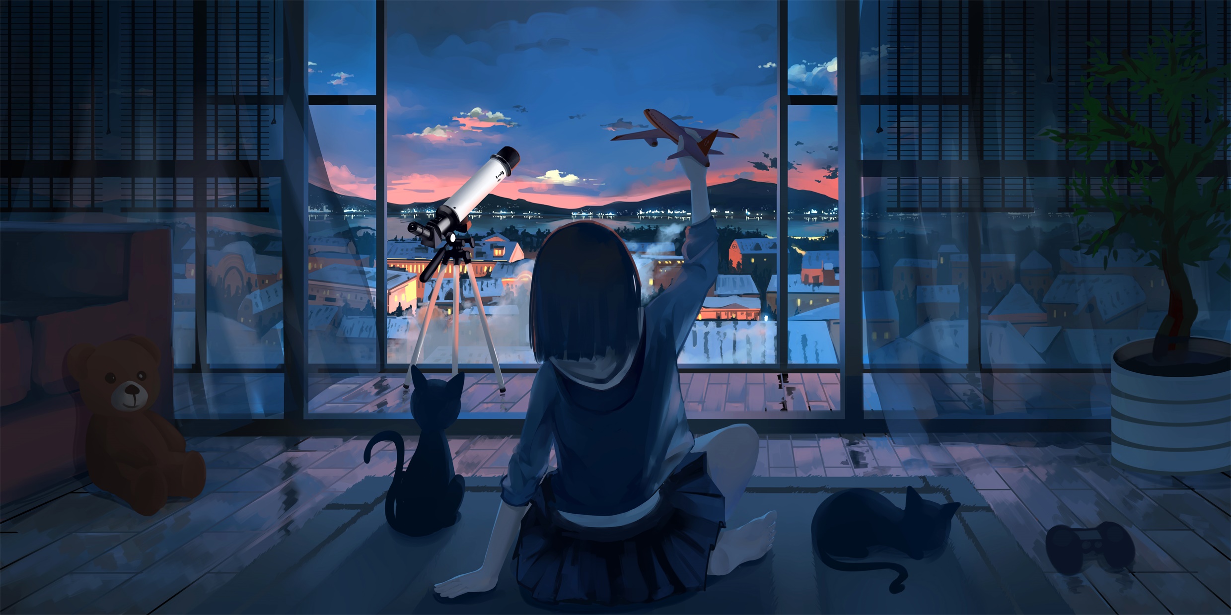 Anime 2479x1239 anime anime girls original characters short hair dark hair cats airplane night sky clouds