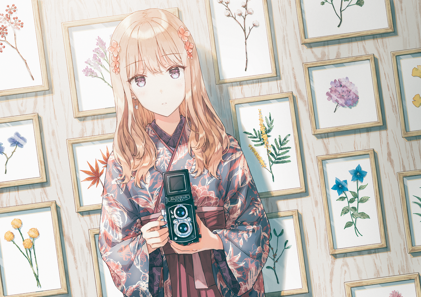 Anime 1414x1000 anime anime girls digital art artwork Hiten camera blonde kimono Japanese clothes