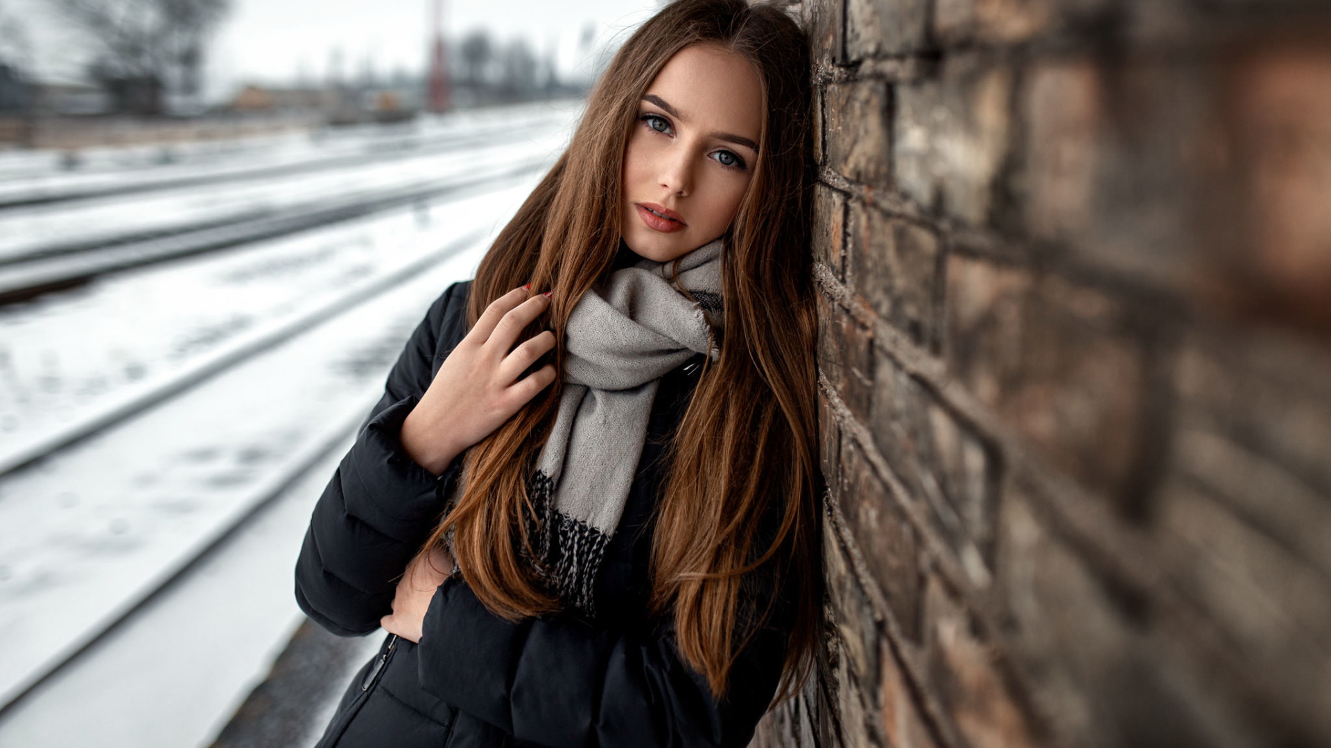 People 1920x1080 women model touching hair women outdoors wall urban portrait face long hair black jackets brunette scarf gray eyes straight hair black coat coats looking at viewer red nails open mouth makeup red lipstick bricks black clothing winter snow juicy lips standing one arm up Gretė Valentinaitė Andrius Stankunas young women