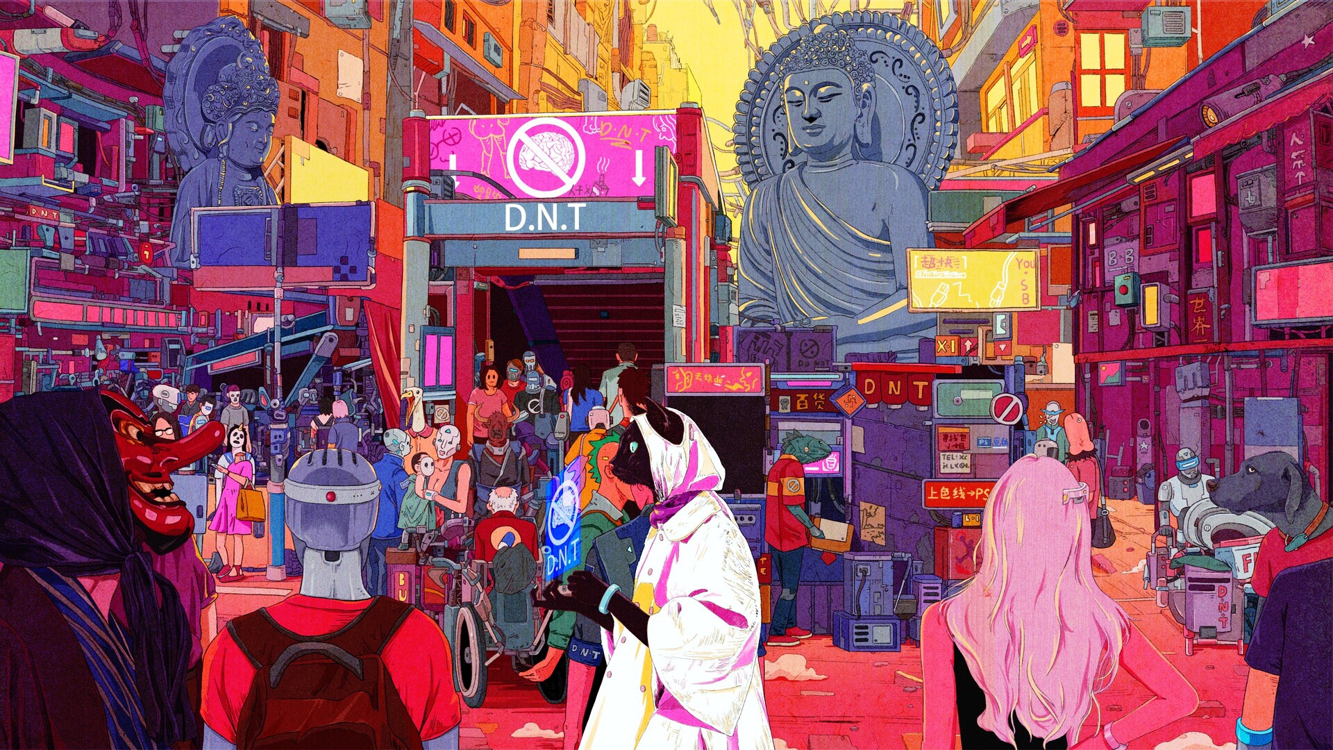 General 1920x1080 cyberpunk artwork vibrant Buddha cats tengu dog