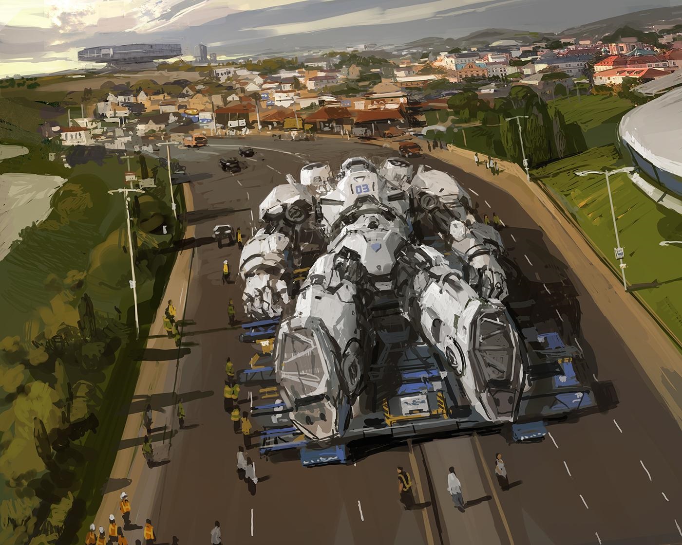 General 1400x1120 artwork digital art science fiction robot road city