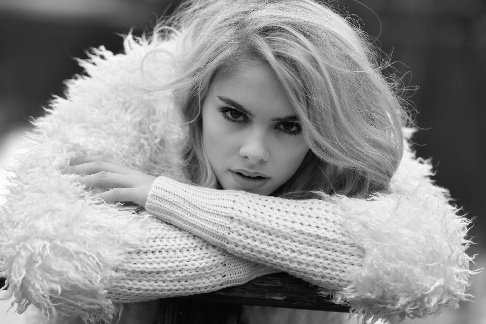 People 2000x1333 women model portrait looking at viewer blonde open mouth monochrome Peter Müller sweater