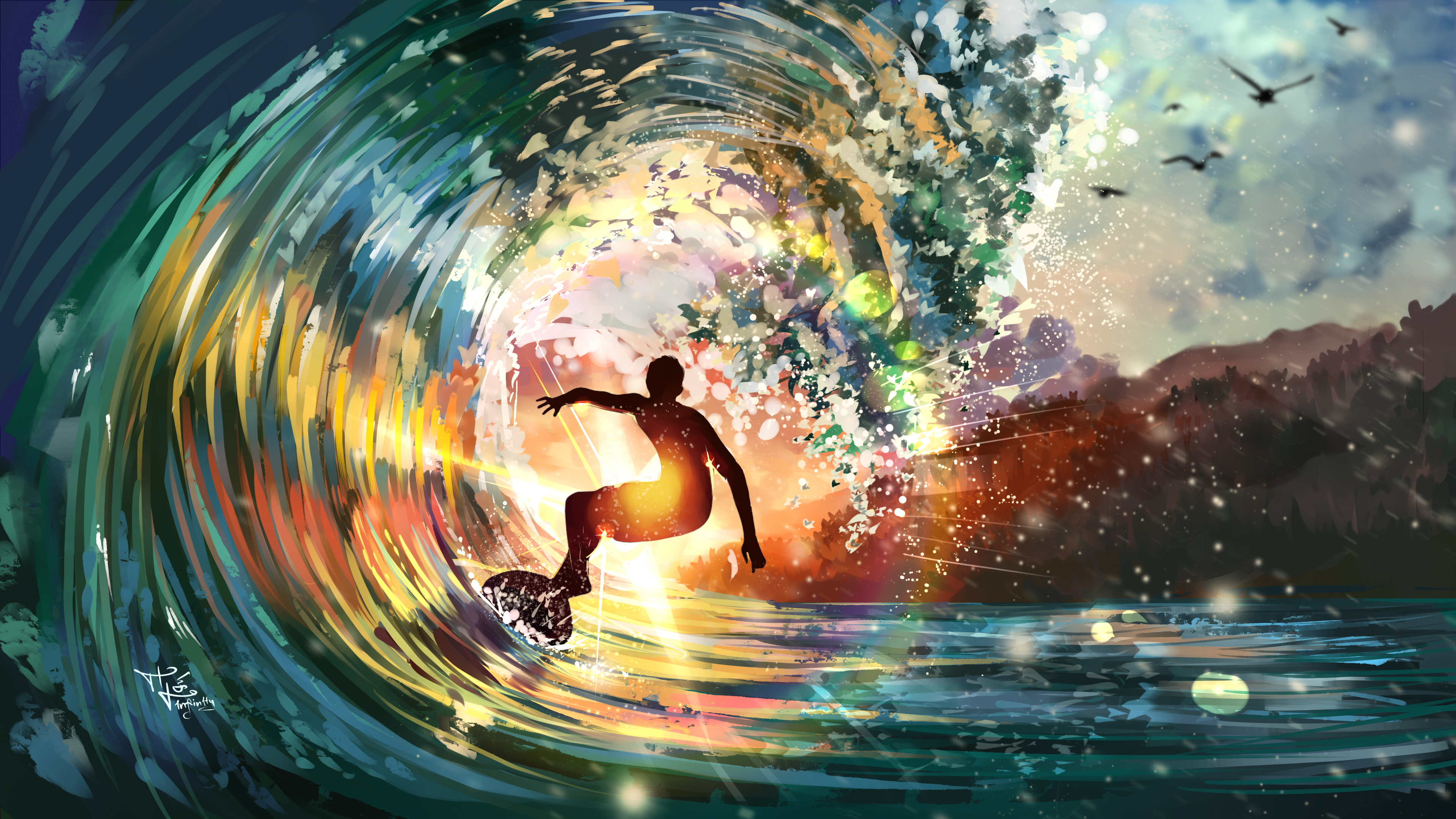 General 3840x2160 digital art artwork illustration drawing digital painting surfers surfing waves nature Sun sun rays sunset summer water sea people silhouette animals birds tropical colorful sparkles landscape outdoors concept art