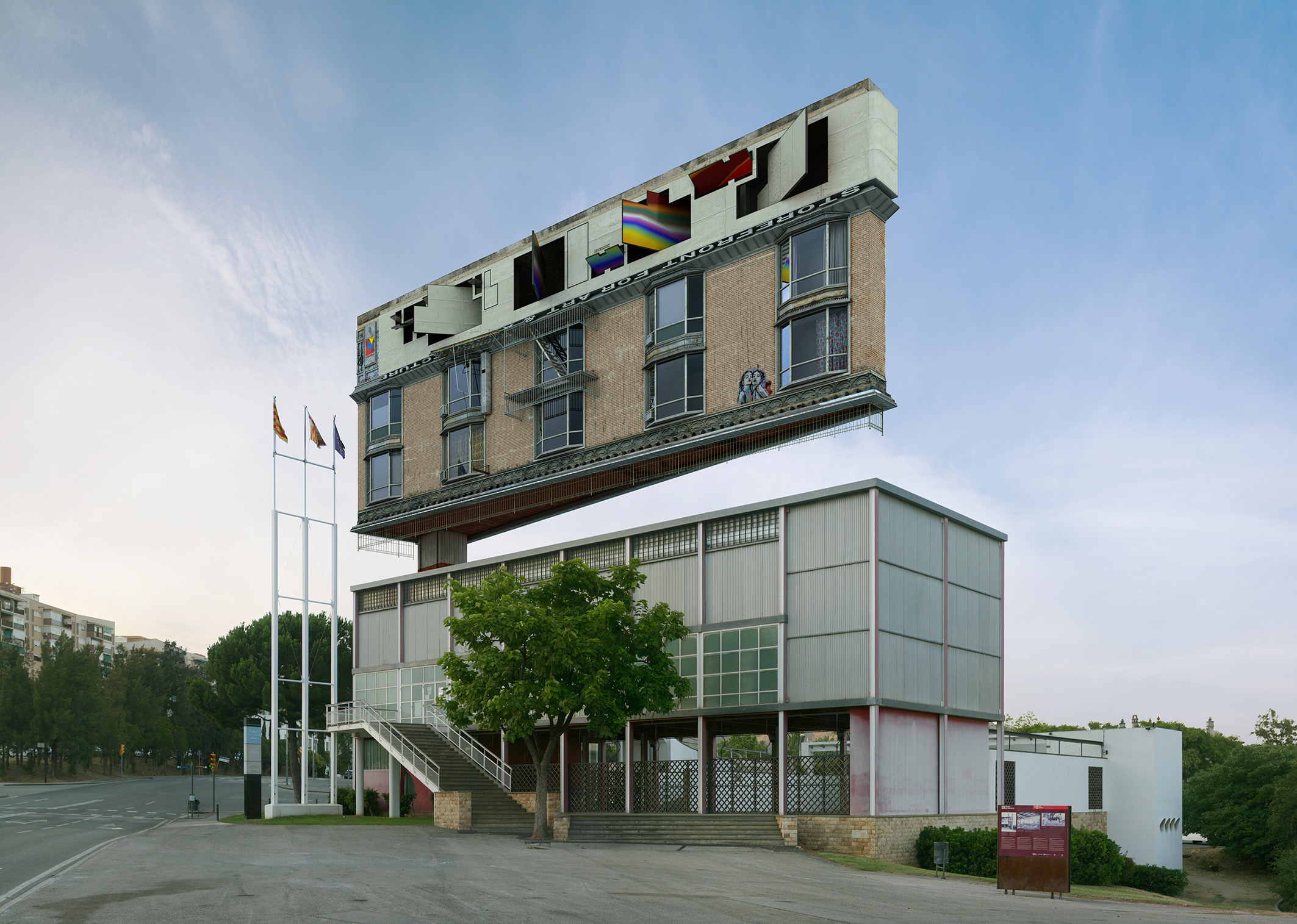 General 2126x1515 architecture building Victor Enrich surreal photoshopped digital art photo manipulation trees road window billboards