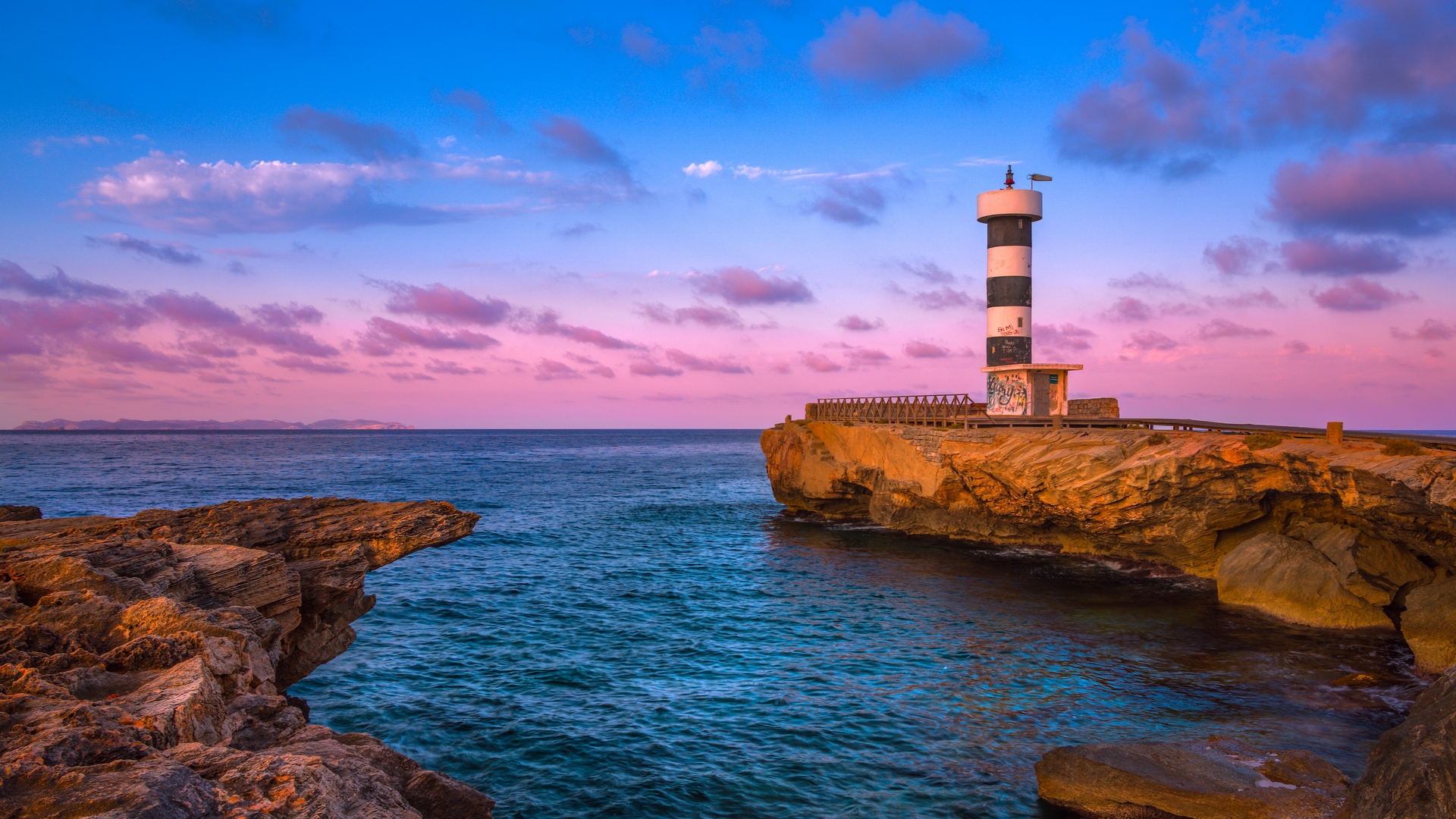 General 1920x1080 lighthouse bay sea rocks sunrise Spain coast purple sky