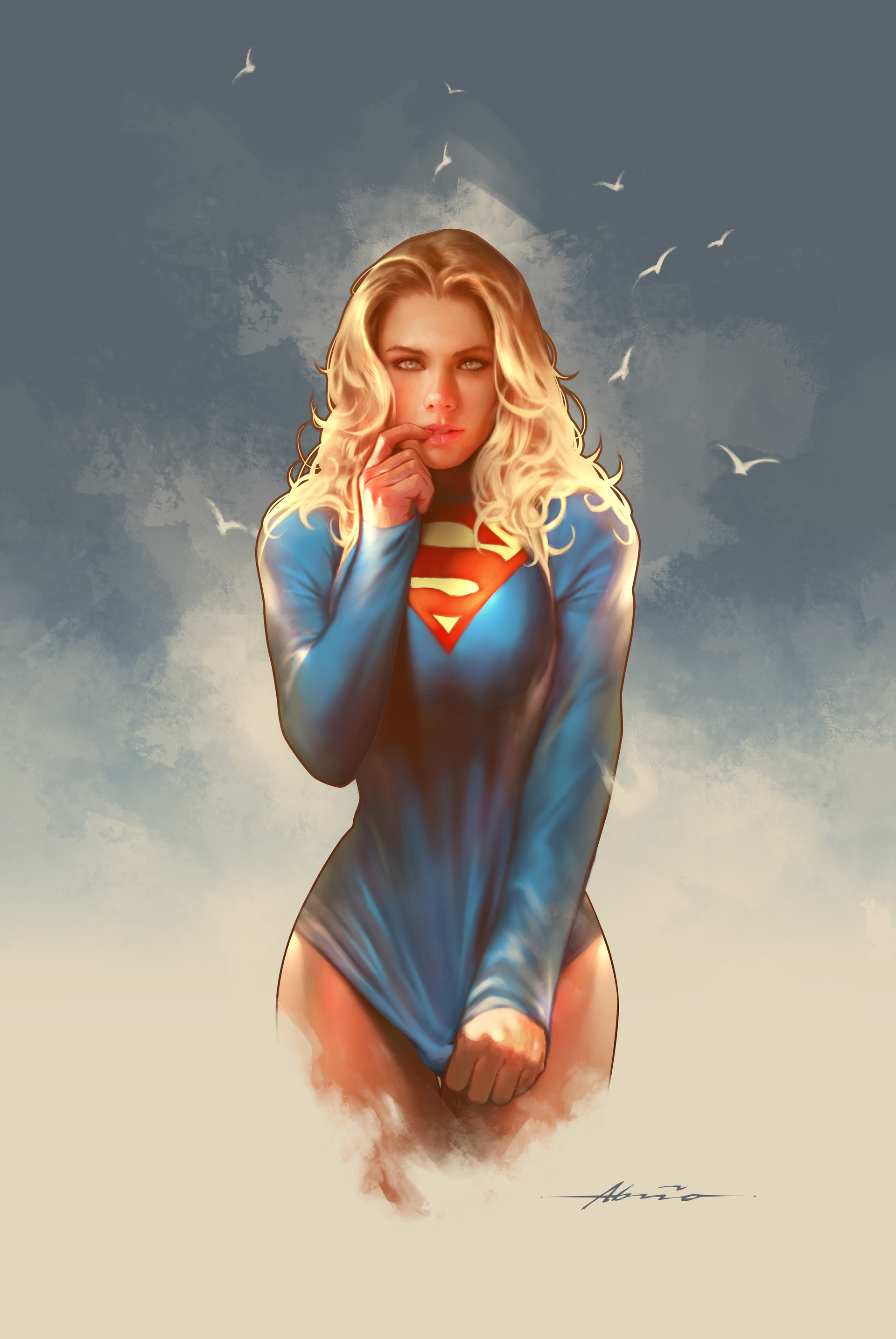 General 1920x2868 Supergirl comic art women digital art fan art DC Comics blonde long hair finger in mouth stretching blue eyes