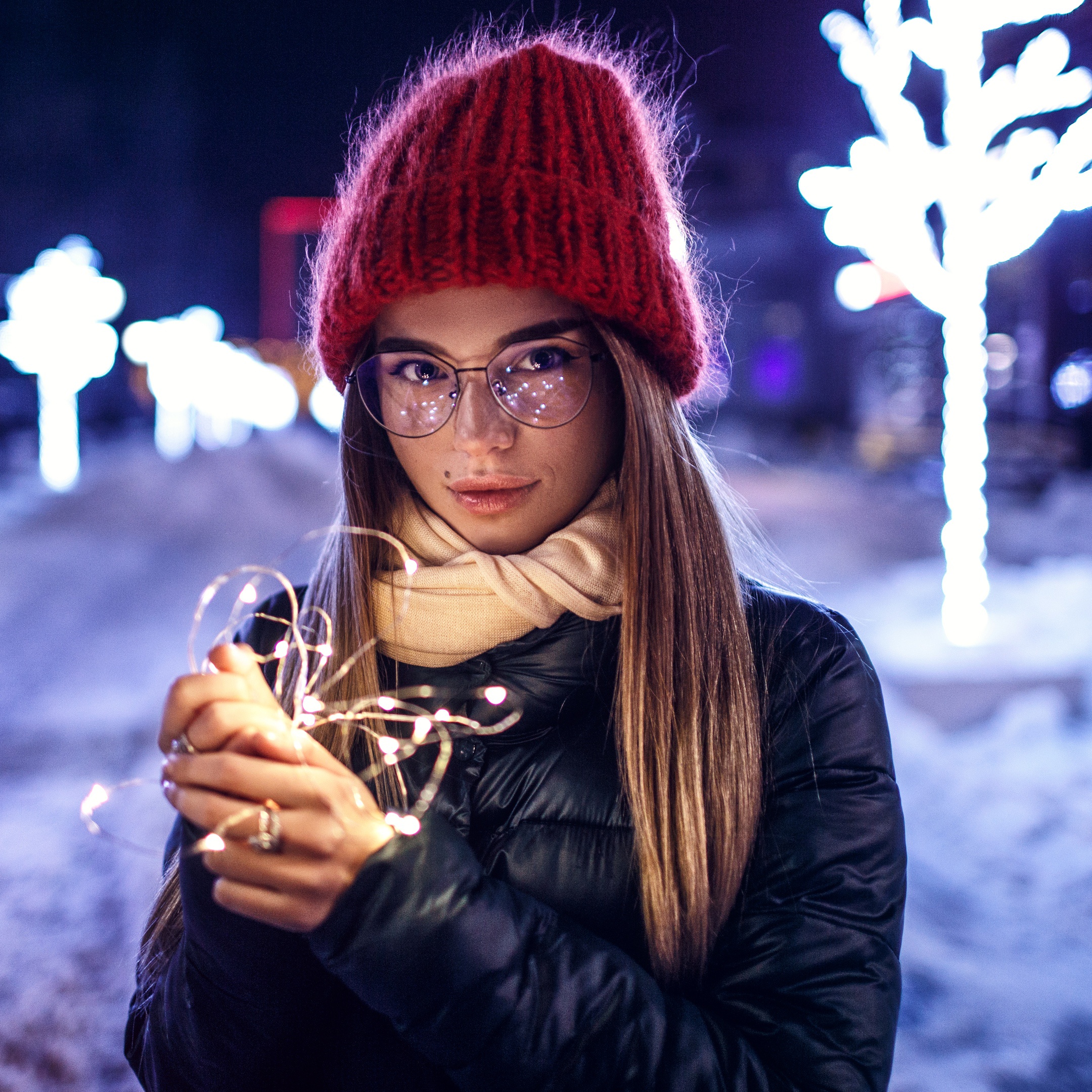 People 2160x2160 Sergey Sorokin winter lights urban women women outdoors women with glasses Red cap black jackets wool cap Luba Ivanova portrait display