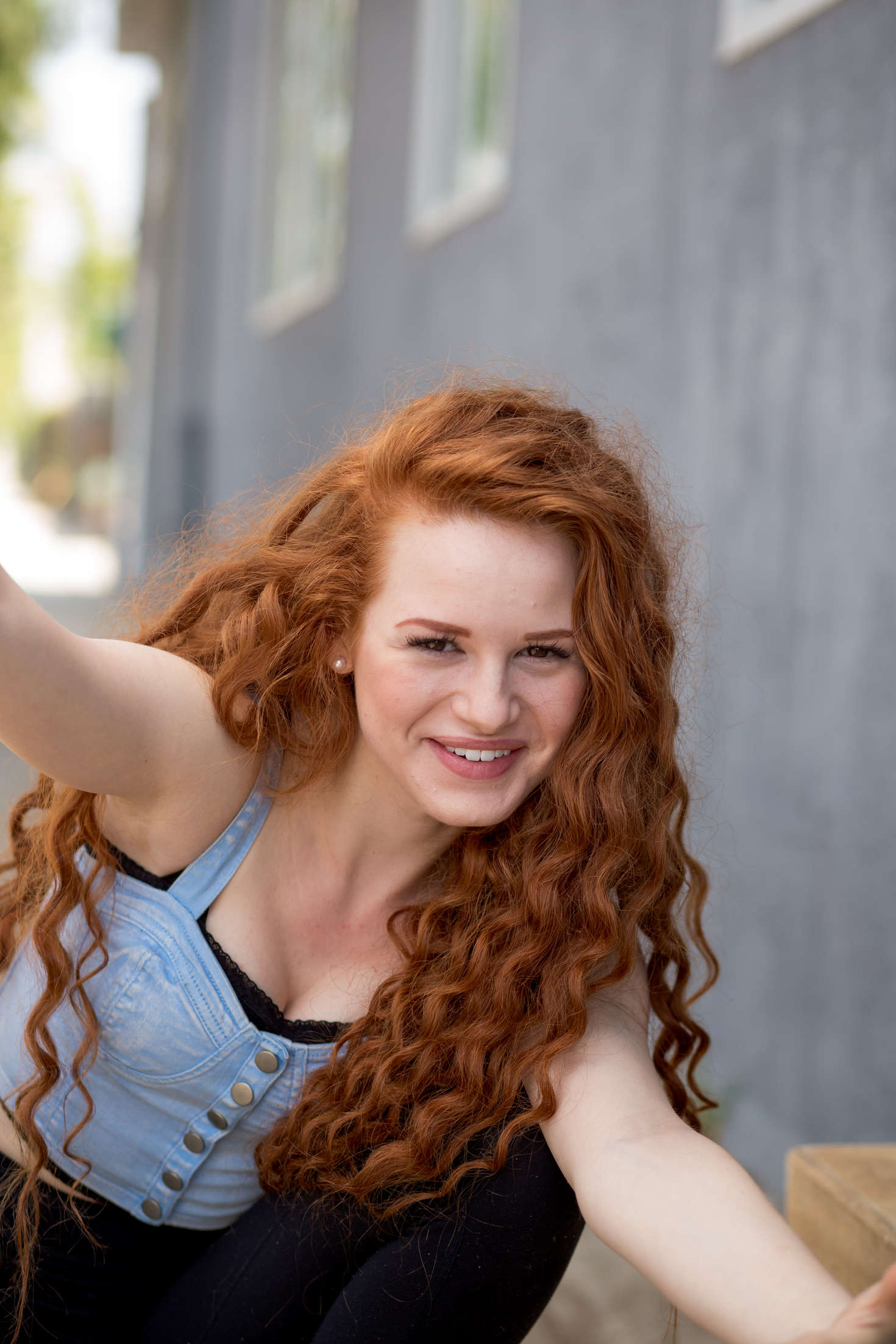 People 1470x2205 women model redhead long hair Madelaine Petsch actress wavy hair portrait display women outdoors smiling bare shoulders armpits looking at viewer