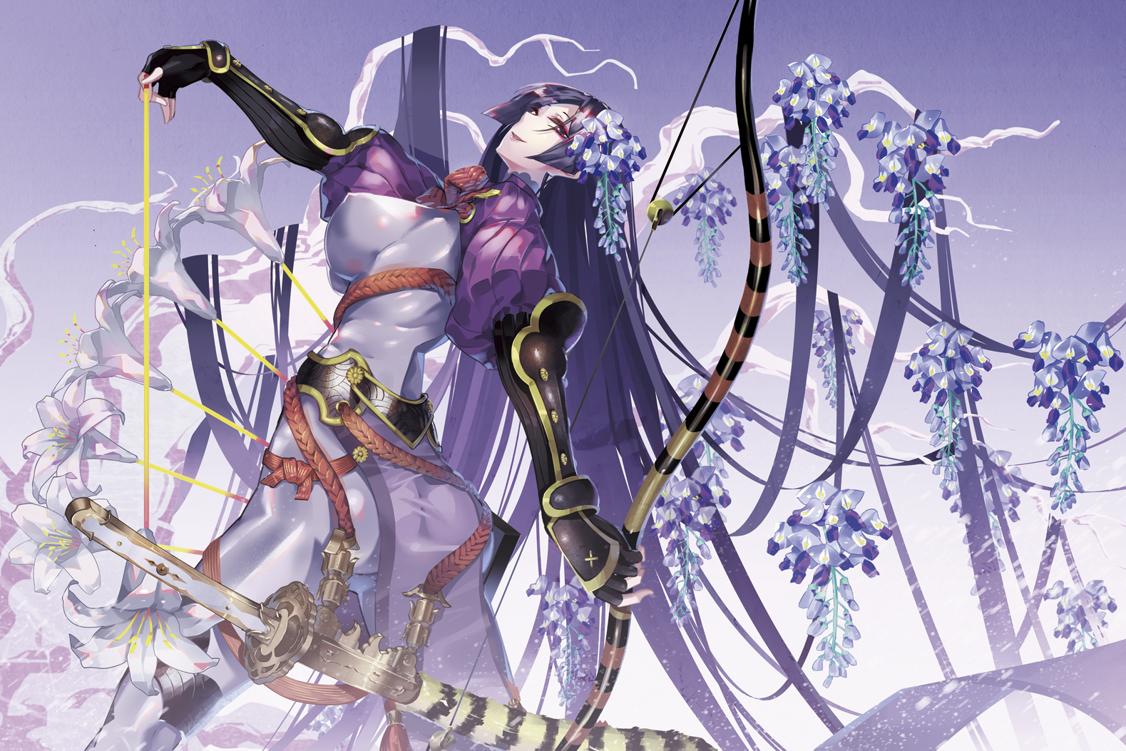 Anime 1579x1053 anime girls anime Fate/Grand Order Minamoto no Yorimitsu (Fate) purple hair sword katana long hair bow ass big boobs