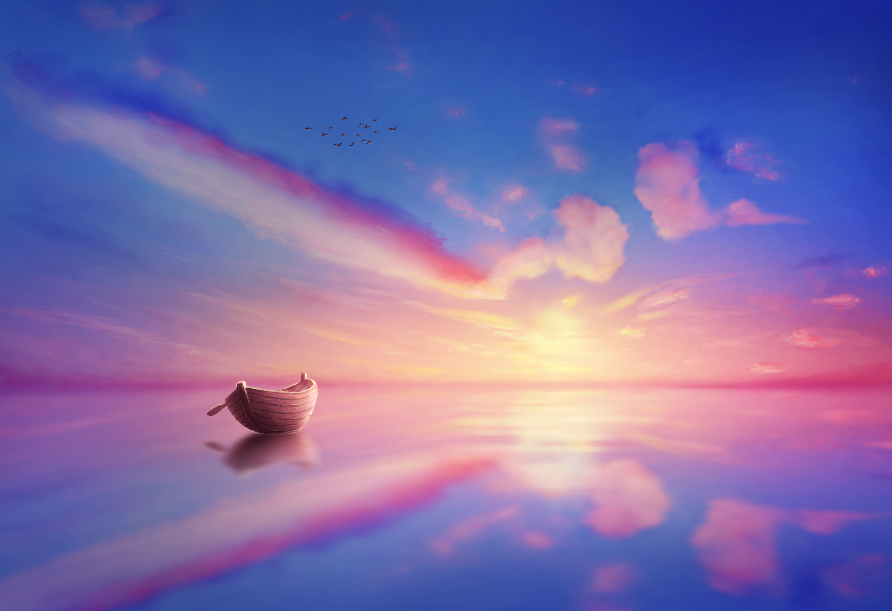 General 3000x2055 digital art artwork illustration photoshopped landscape nature sky skyscape water sea birds Sun sunlight sunset boat reflection clouds blue pink