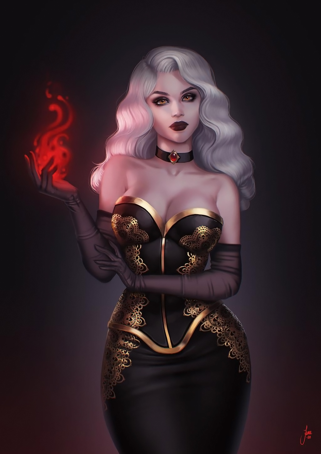 General 1024x1449 June Jenssen drawing women silver hair long hair wavy hair makeup looking at viewer yellow eyes magician dress choker gems ruby spell fire black clothing gold simple background Morgana