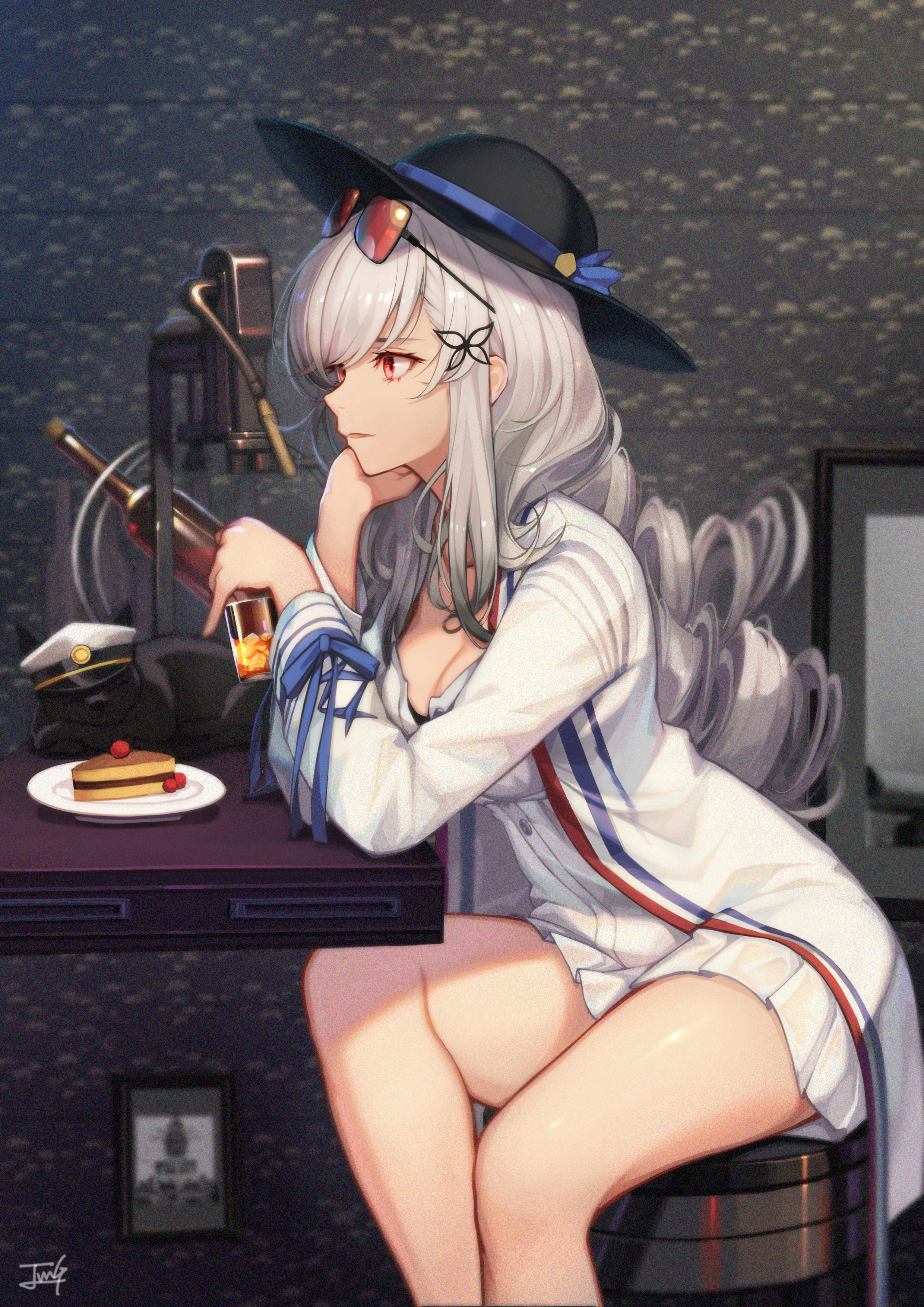 Anime 2480x3508 anime silver hair red eyes portrait display digital art anime girls Dunkerque (Azur Lane) hat Azur Lane cleavage looking away artwork sitting skirt frills dress Baek Hyang 2D plates food drink glass bottle signature sunglasses stools thighs cats cake blurred jacket drinking glass bar stool parted lips long hair