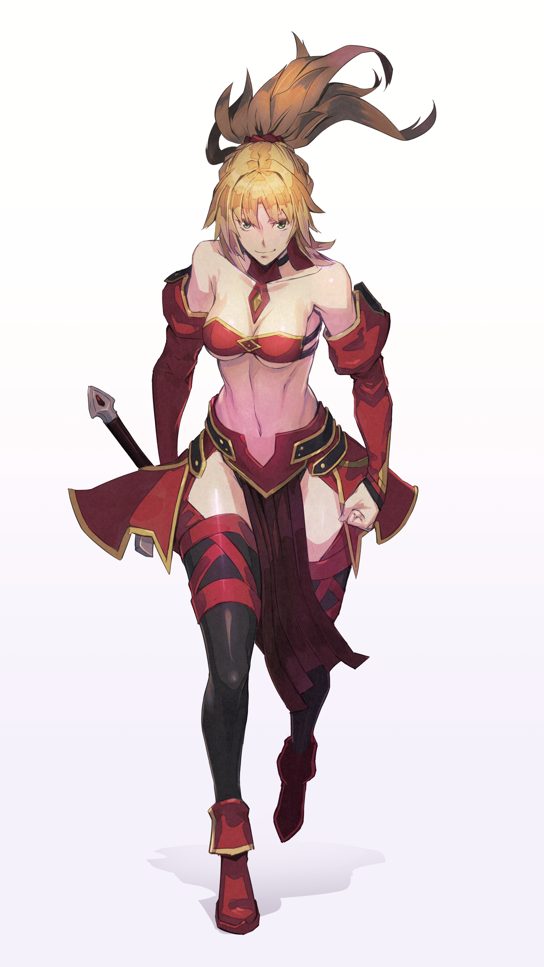 long hair, ponytail, women with swords, thighs, small boobs, cleavage,  biceps, abs, 6-pack, smiling, curvy, green eyes, looking at viewer, blonde,  Fate series, Fate/Grand Order, Fate/Apocrypha , anime girls, female  warrior, no