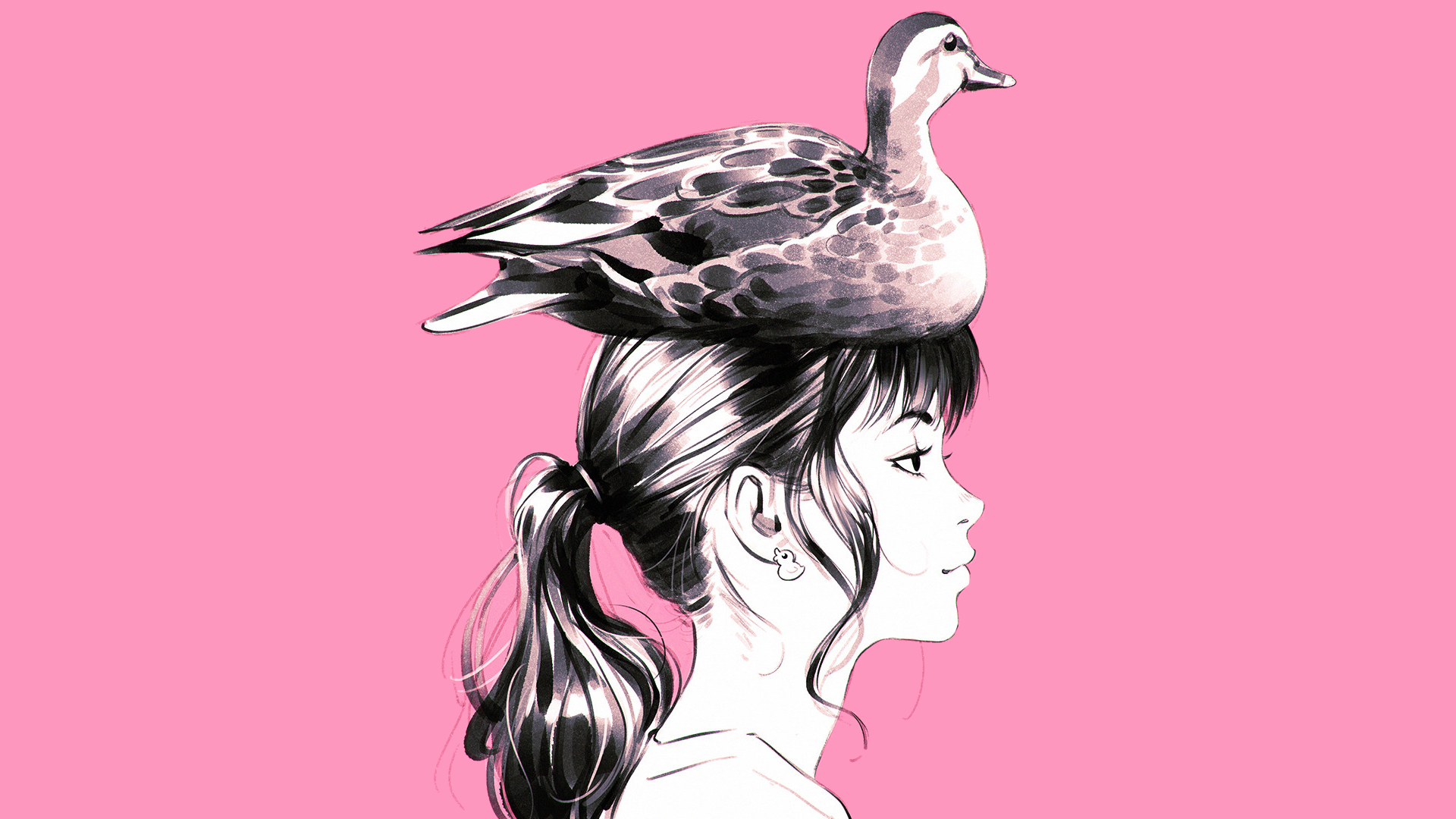General 1920x1080 duck women pink earring ponytail Ilya Kuvshinov simple background pink background