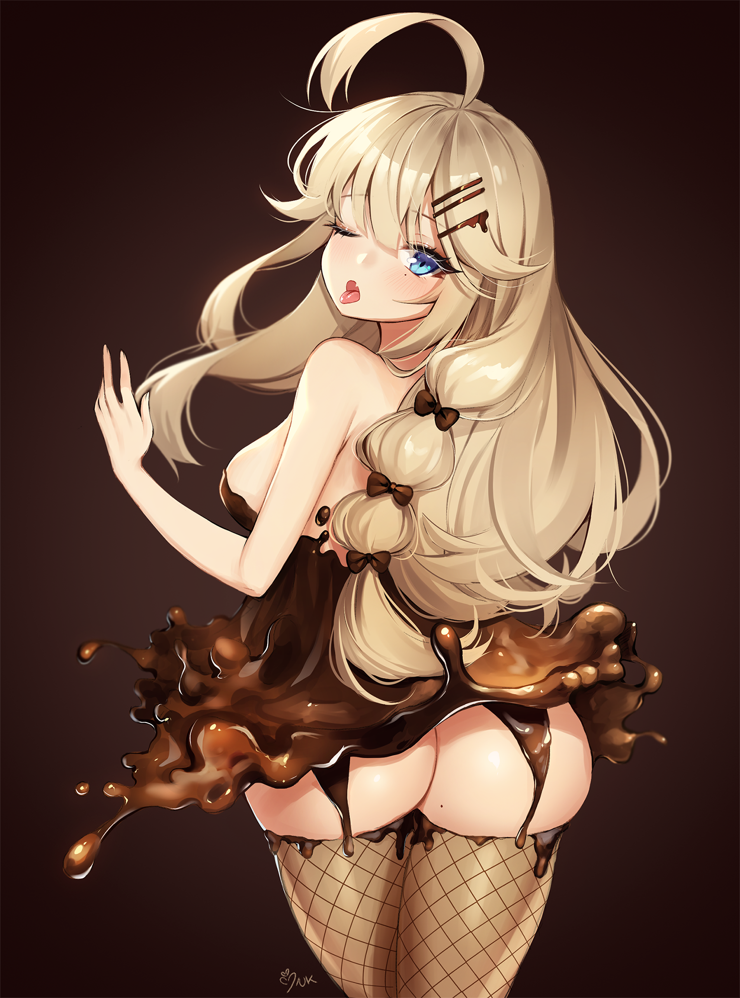 Anime 1484x2000 anime anime girls digital art artwork 2D portrait display Ankkoyom blonde blue eyes one eye closed tongue out looking back chocolate dress ass standing bare shoulders fishnet stockings