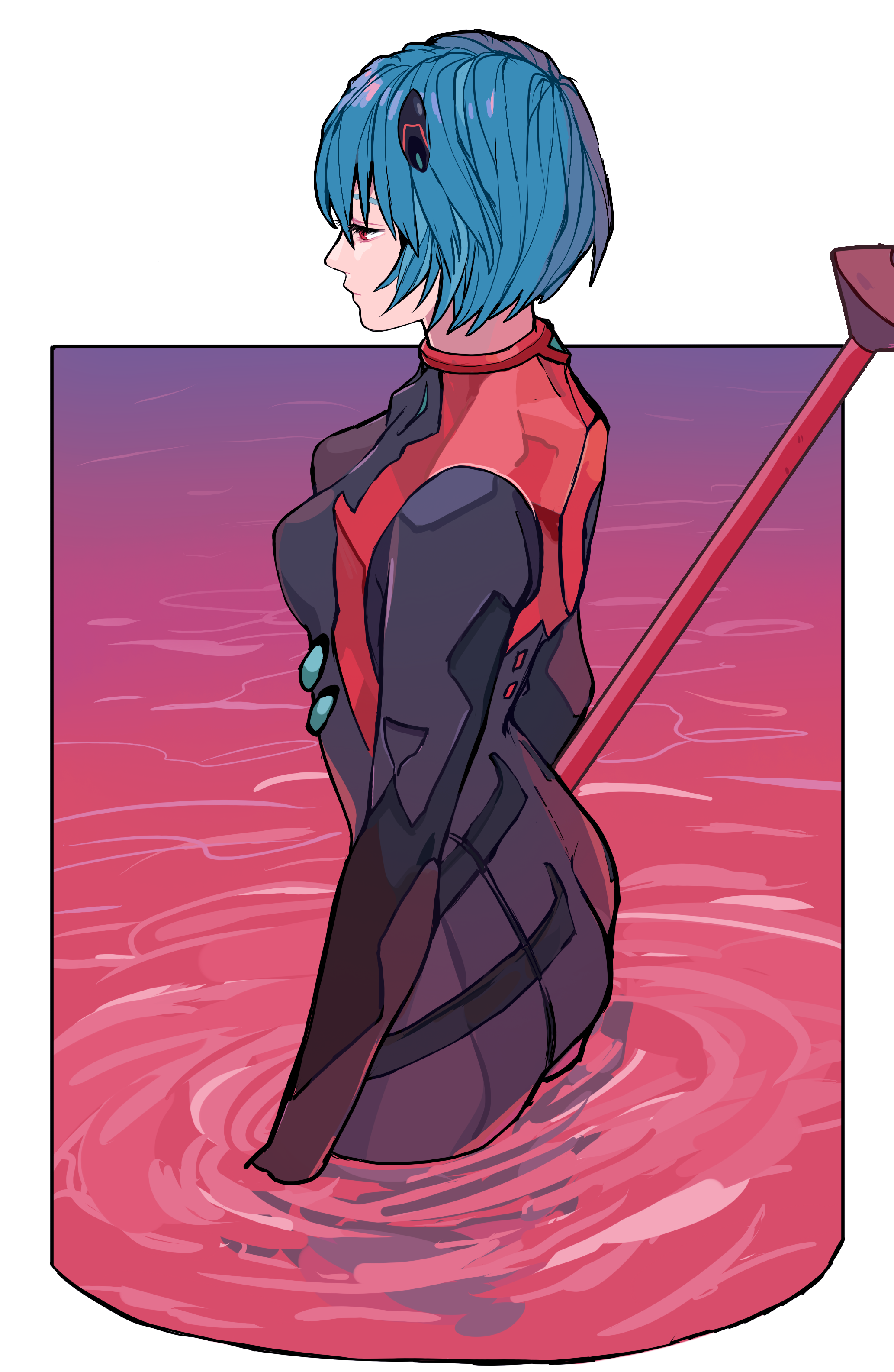 Anime 2066x3169 Neon Genesis Evangelion plugsuit small boobs short hair anime girls looking away cyan hair red sea Spear of Longinus high angle Ayanami Rei 2D portrait display red eyes ass fan art
