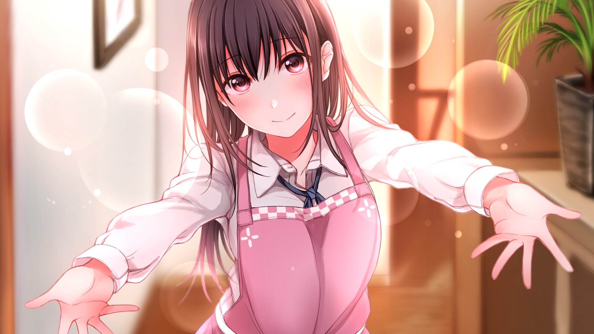 Anime 1920x1080 anime girls brunette anime indoors frontal view head tilt apron women women indoors blushing hands looking at viewer