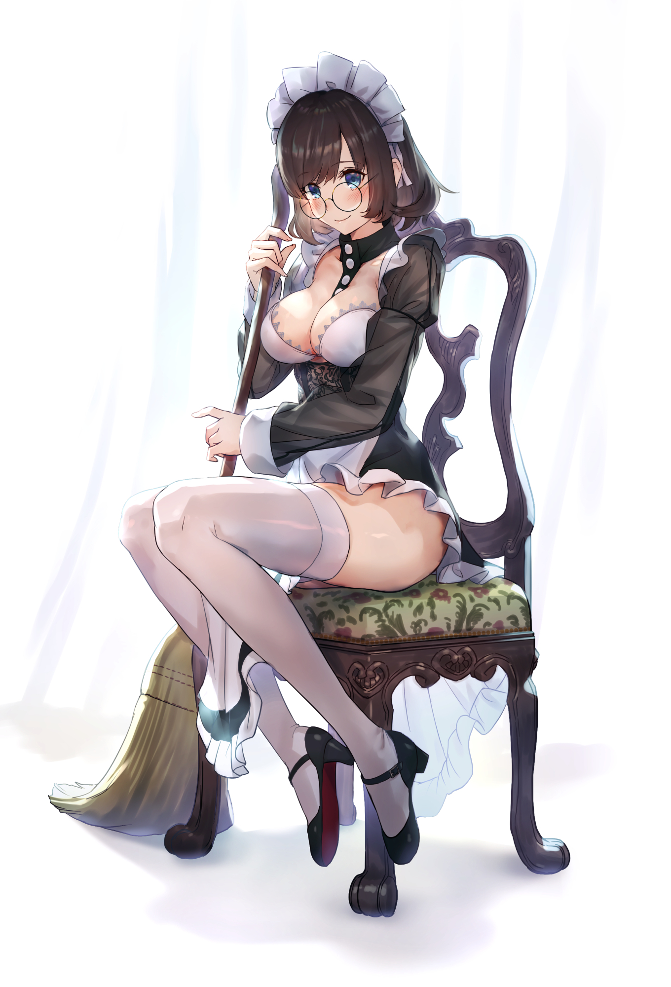 Anime 1360x2000 anime anime girls digital art artwork 2D portrait display French maid maid outfit thigh-highs cleavage glasses blushing smiling brunette blue eyes Shouhei