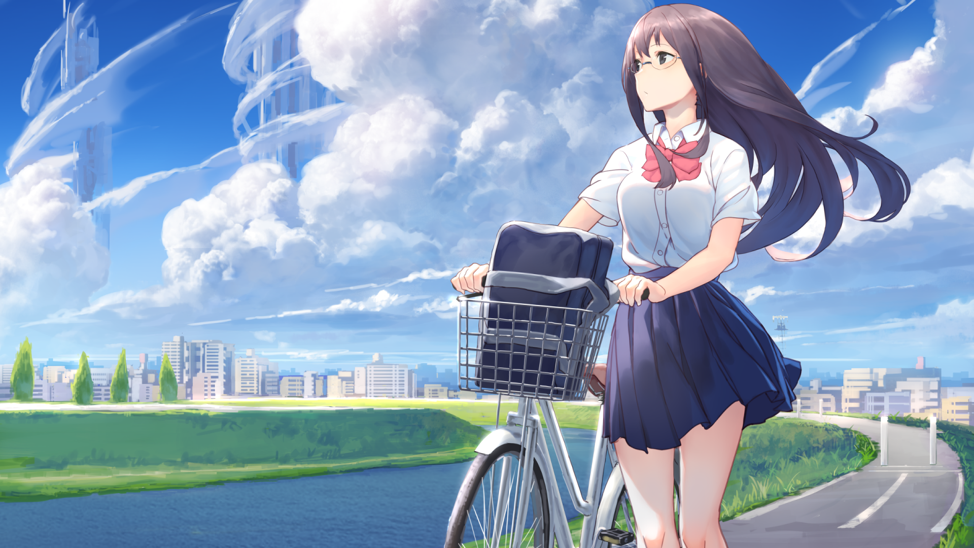 Anime 1920x1080 anime anime girls bicycle long hair sky clouds outdoors vehicle school uniform glasses cityscape Izumi Sai