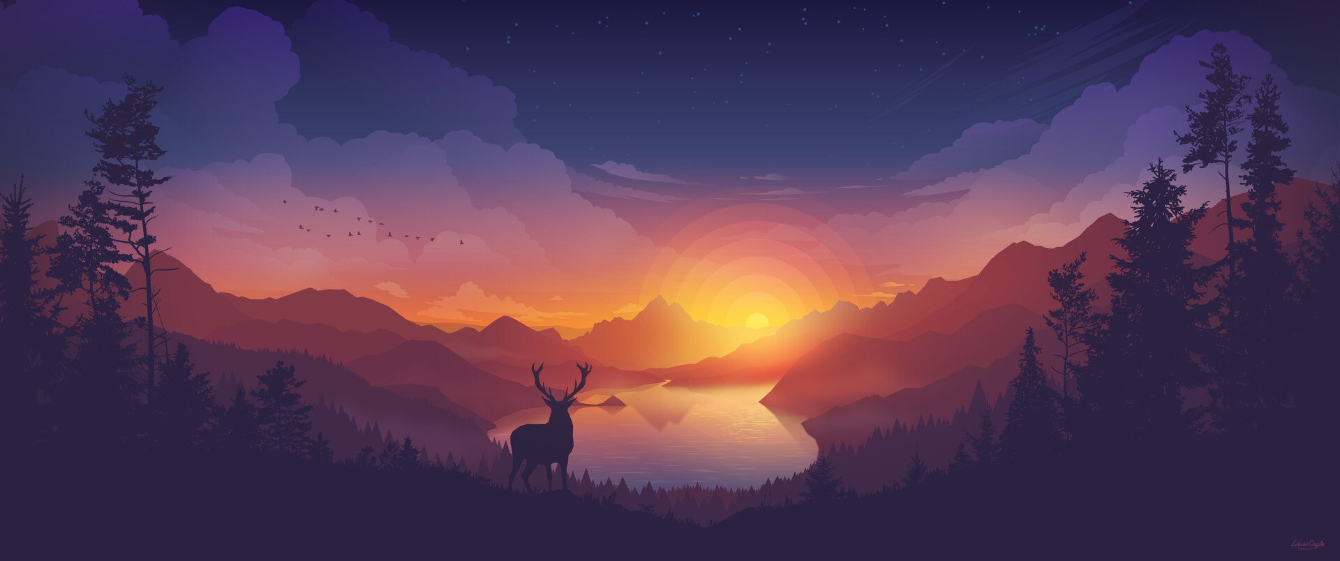 General 1920x804 landscape valley lake forest sunset elk deer