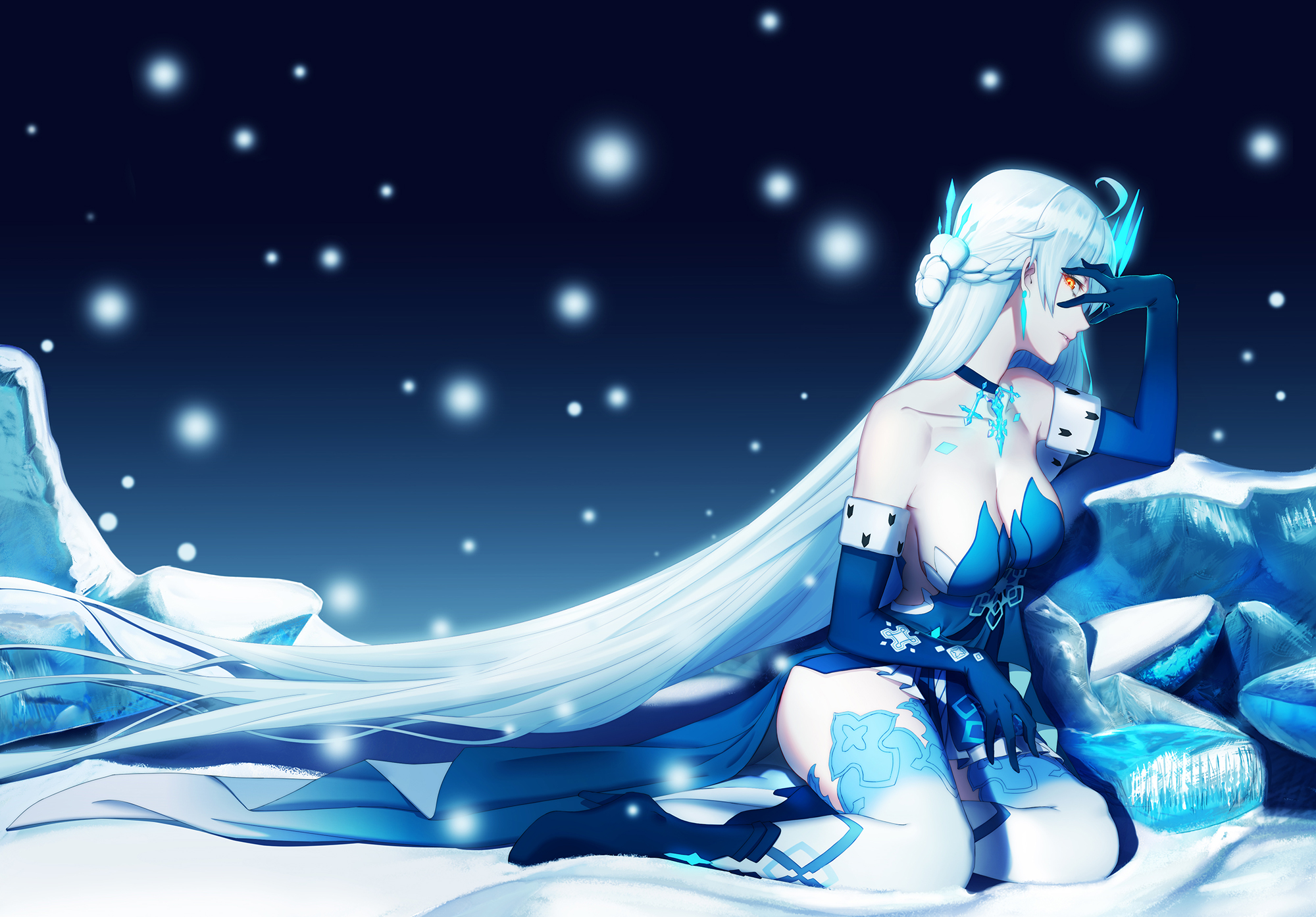 Anime 2000x1394 Honkai Impact 3rd blue clothing white hair long hair snowing glowing eyes Kiana Kaslana anime