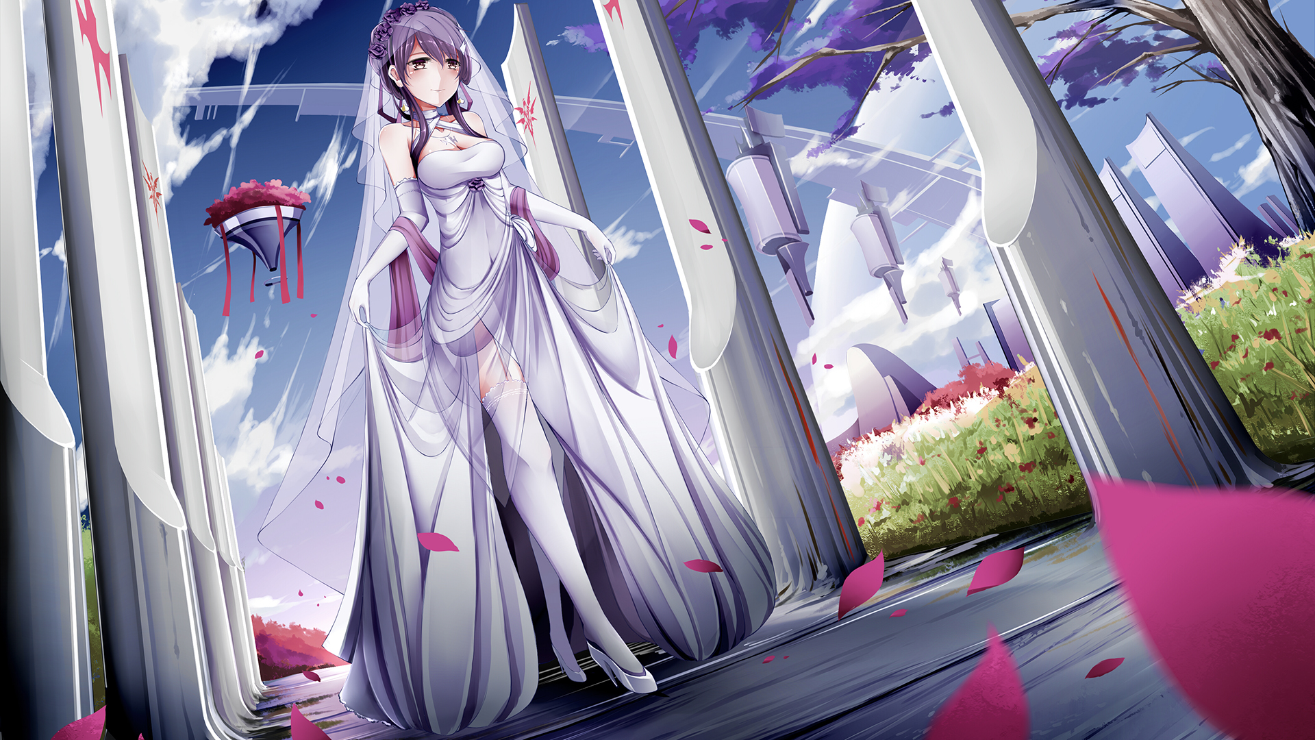 Anime 1920x1080 brides petals rose petals wedding dress long hair anime anime girls bridal veil thigh-highs artwork Anotoki Ashi