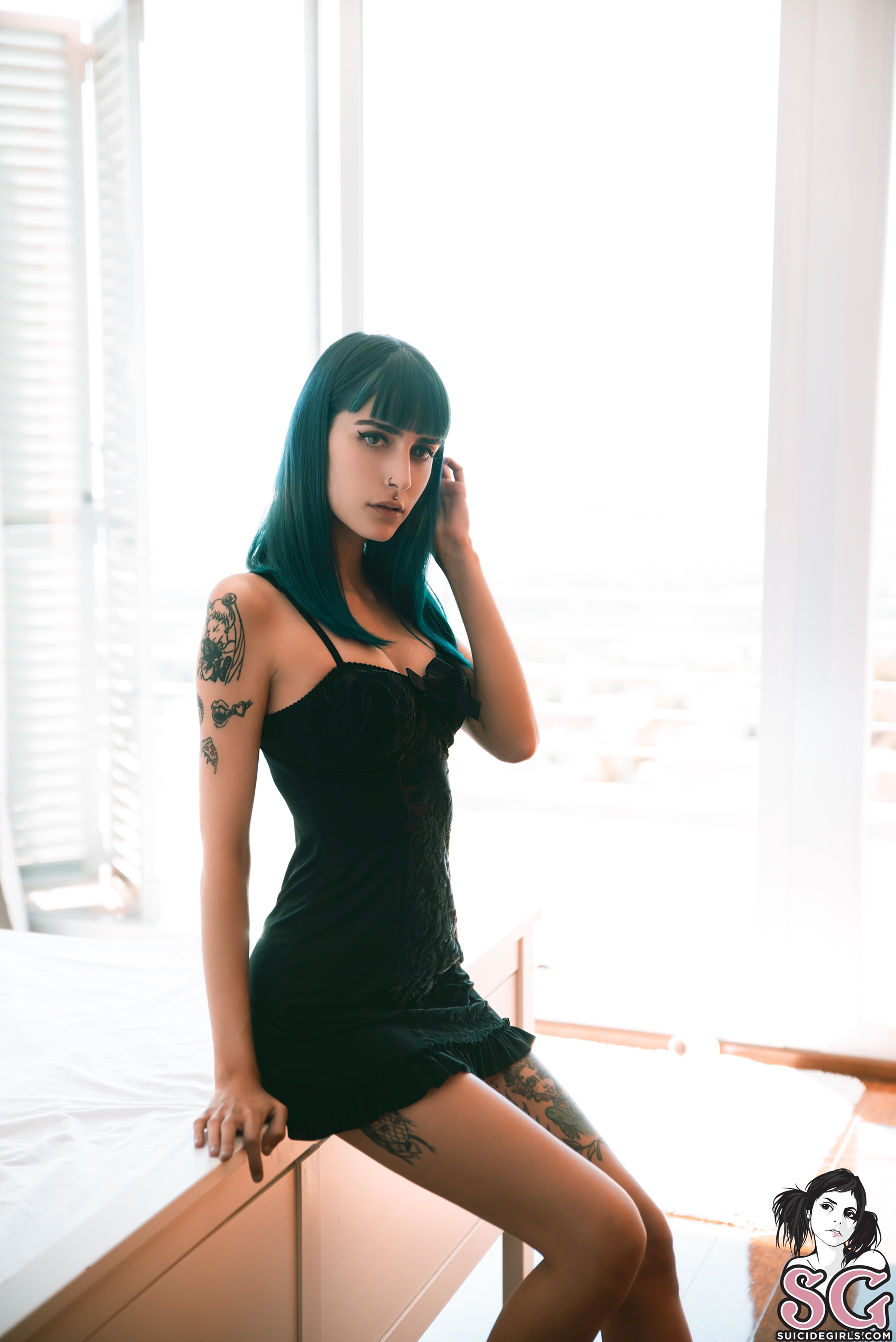 People 1807x2707 Marshmallow Suicide model women indoors inked girls tattoo women Suicide Girls dyed hair minidress looking at viewer sitting bokeh portrait display