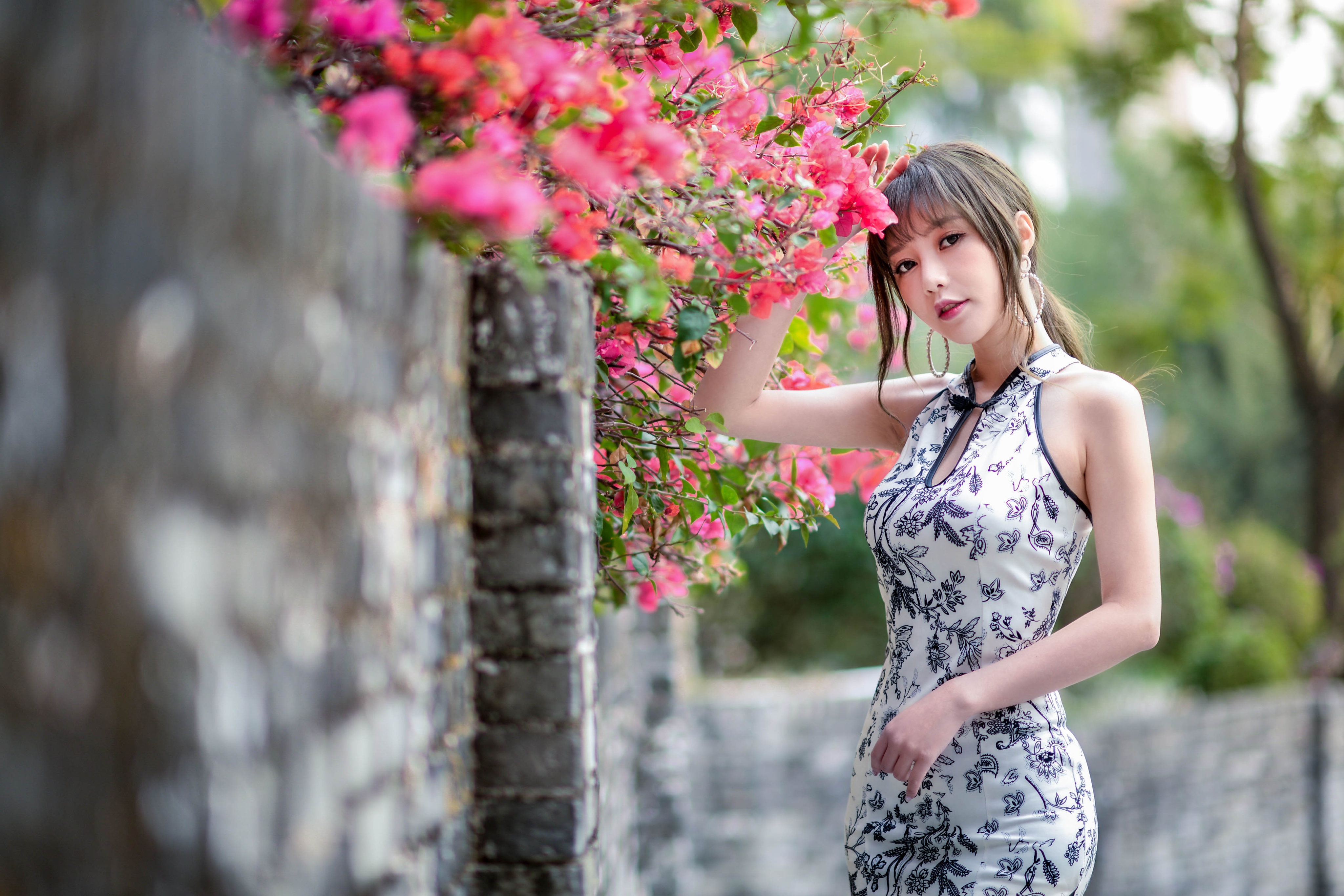 People 4096x2731 Asian women model depth of field long hair brunette ponytail Chinese dress wall flowers trees earring looking at viewer