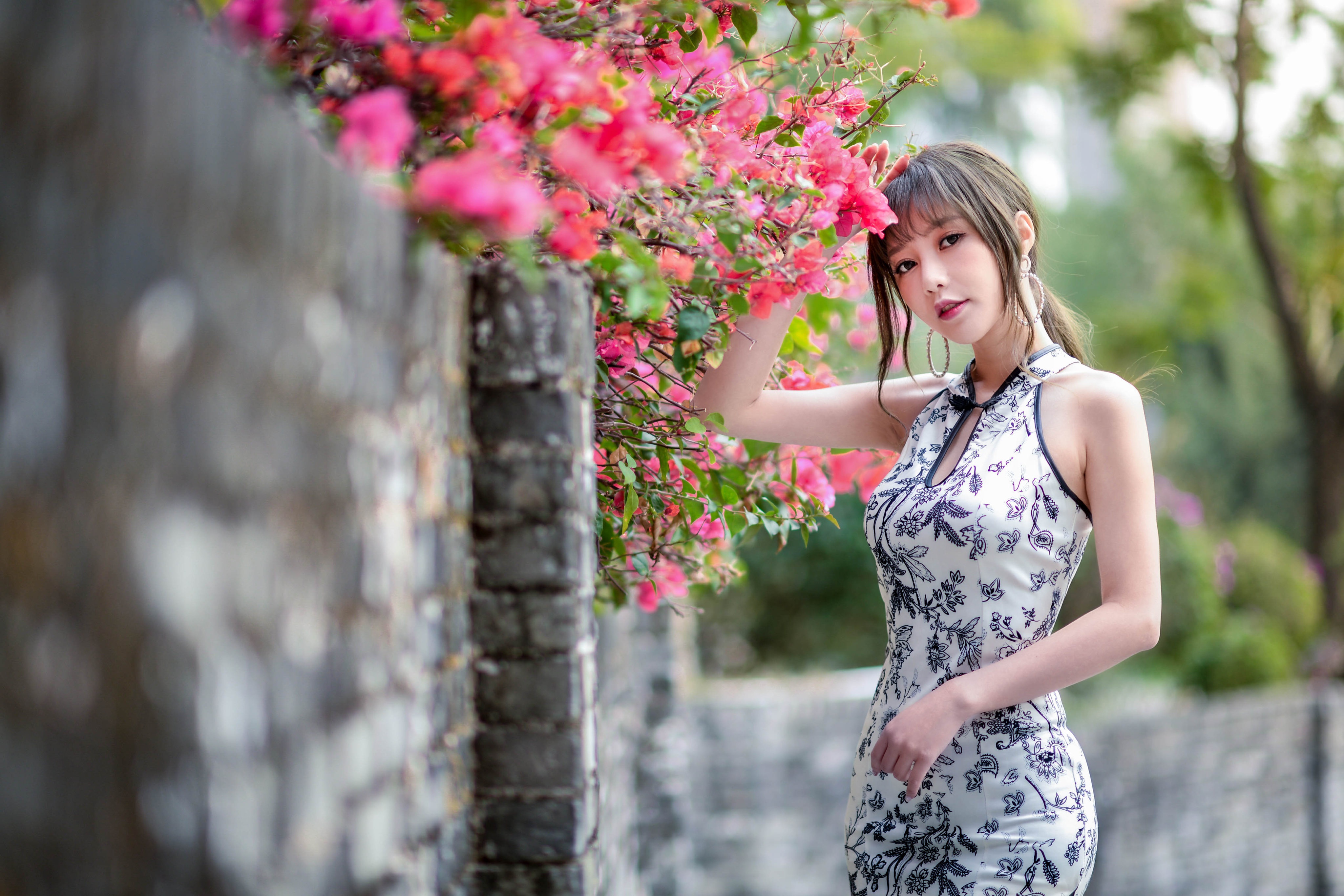 People 4096x2731 Asian women model depth of field long hair brunette ponytail chinese dress wall flowers trees earring looking at viewer