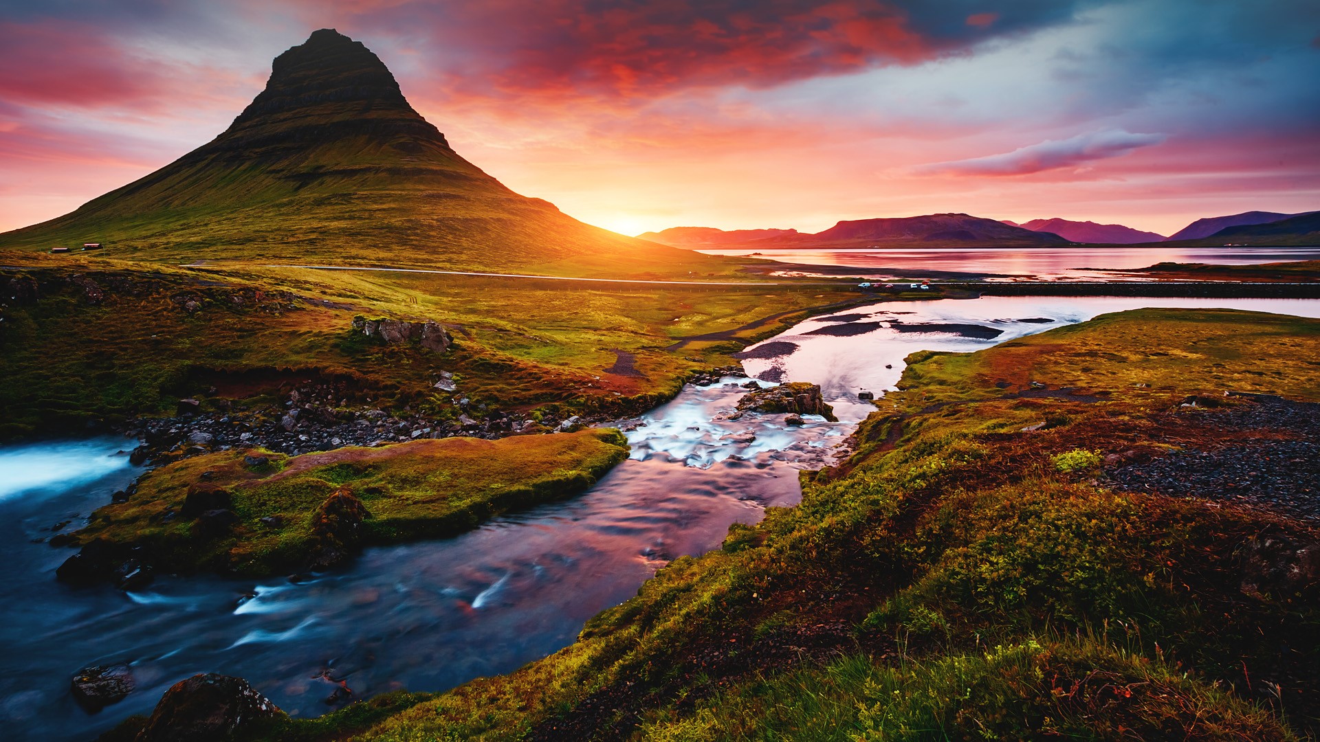 General 1920x1080 nature landscape far view water rocks clouds sky sunset grass moss mountains Kirkjufell peninsula Iceland nordic landscapes