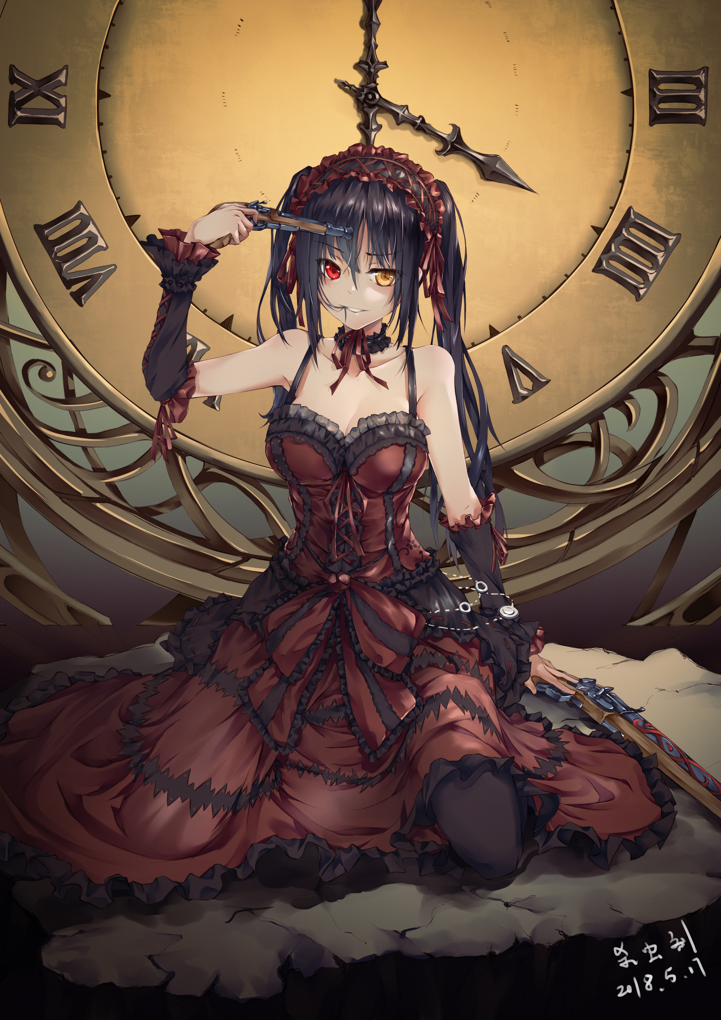 Anime 2480x3508 Date A Live anime girls thighs long hair black hair pantyhose gothic lolita girls with guns cleavage 2D smiling Tokisaki Kurumi twintails no bra looking at viewer heterochromia clocks red eyes portrait display fan art hair in face hair over one eye revolver