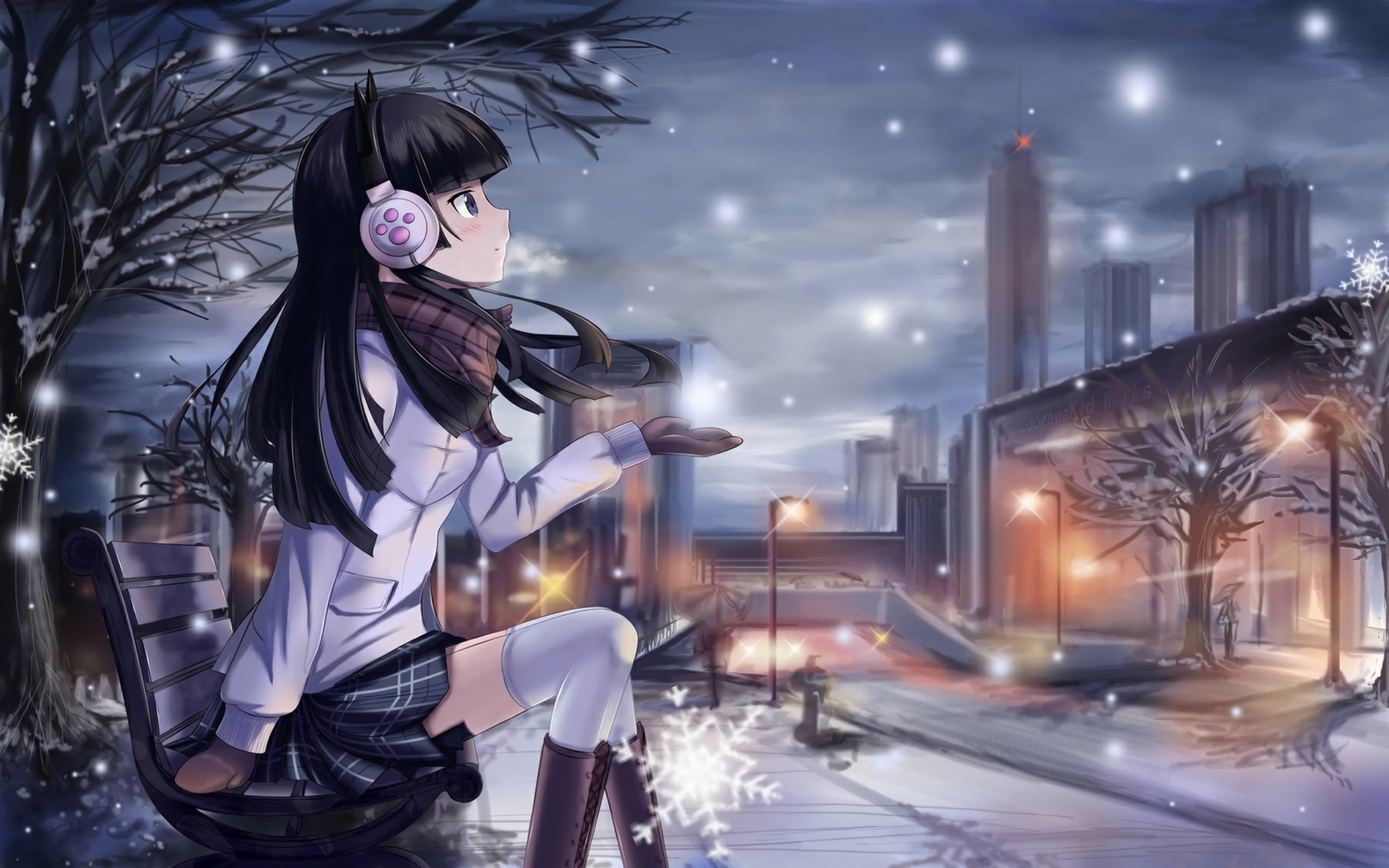 Anime 5120x3200 anime anime girls winter snow street light snowflakes bench skirt