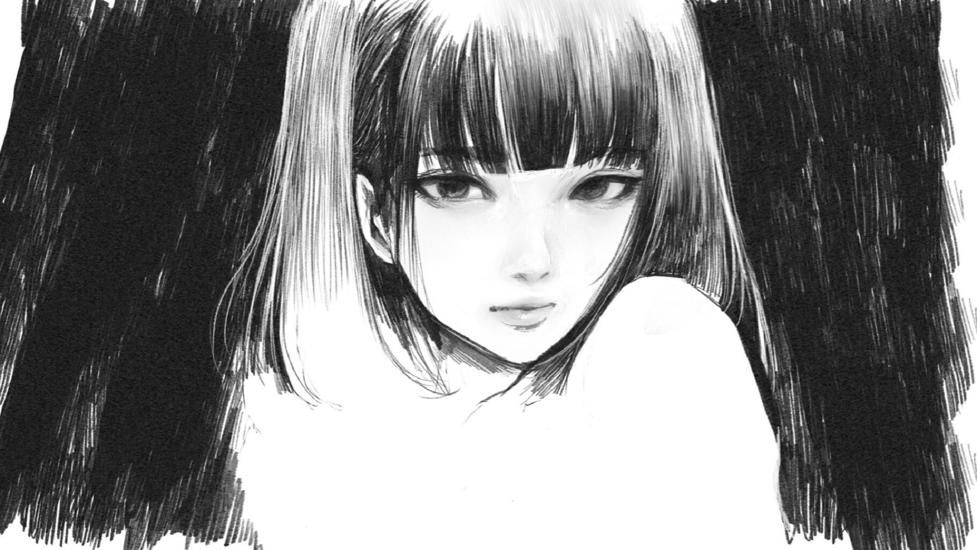 Anime 1920x1080 monochrome face anime girls drawing artwork anime