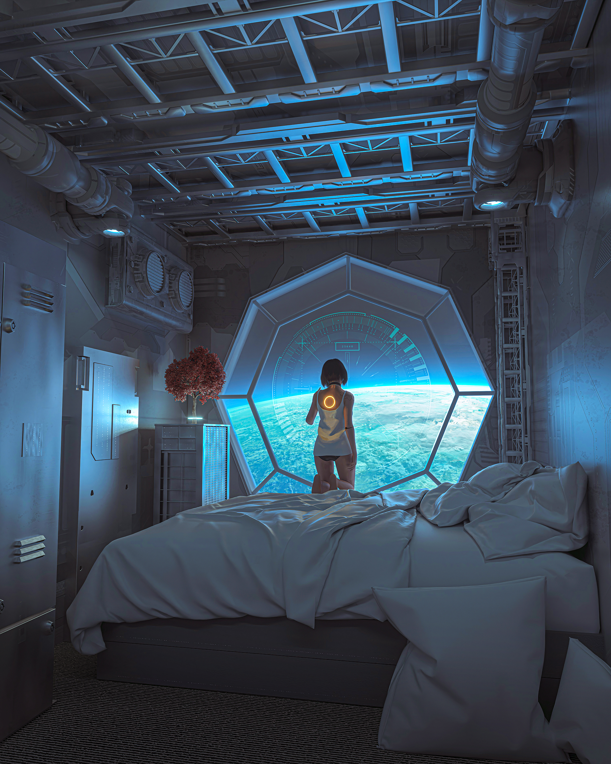 General 2000x2500 space futuristic science fiction cyan digital art portrait display women bed pillow