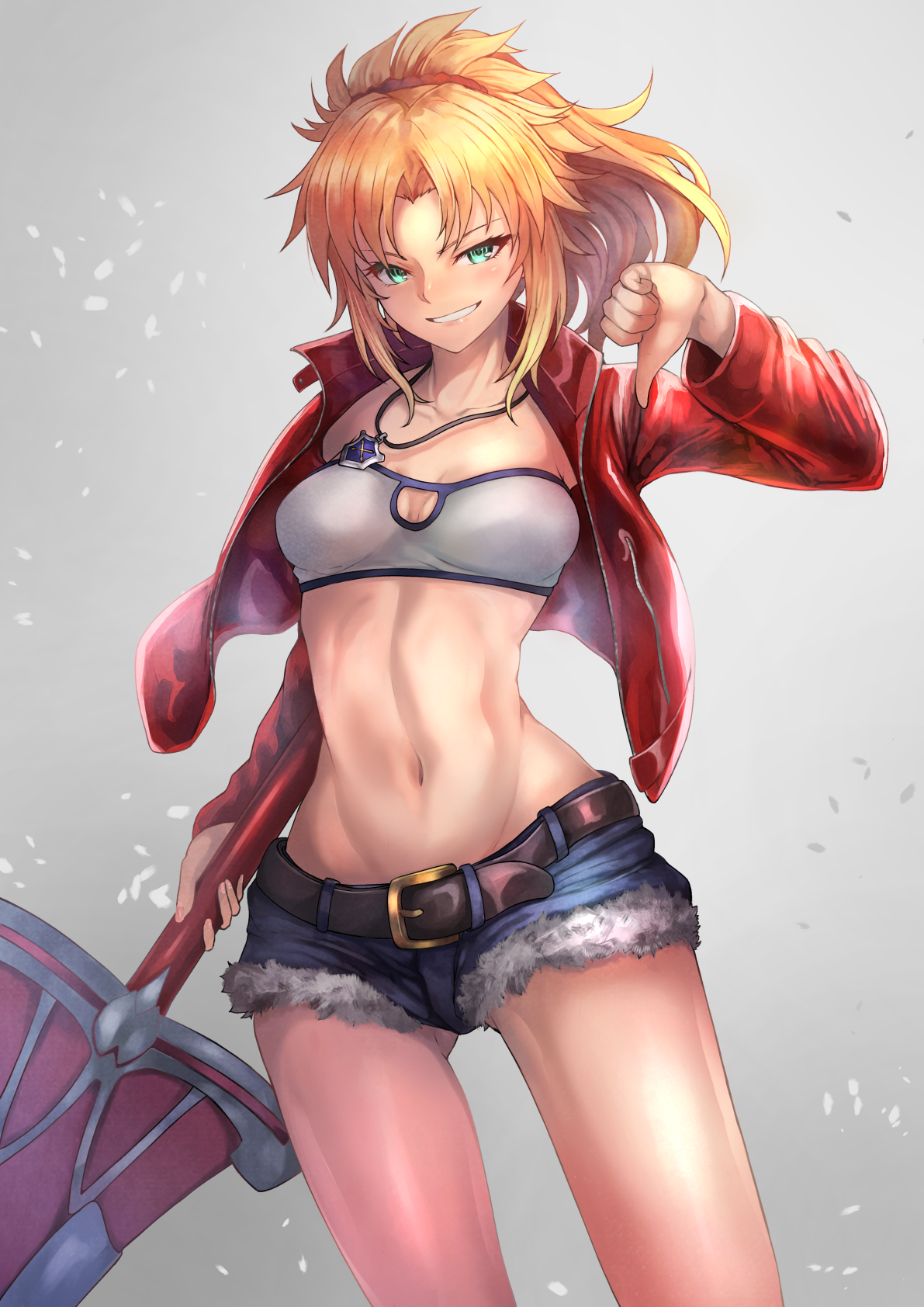 Anime 1191x1684 Mordred (Fate/Apocrypha) anime anime girls portrait display digital art artwork blonde ponytail smiling Fate/Grand Order Fate/Apocrypha  jean shorts red jackets Fate series short shorts crop top open jacket green eyes Ohako