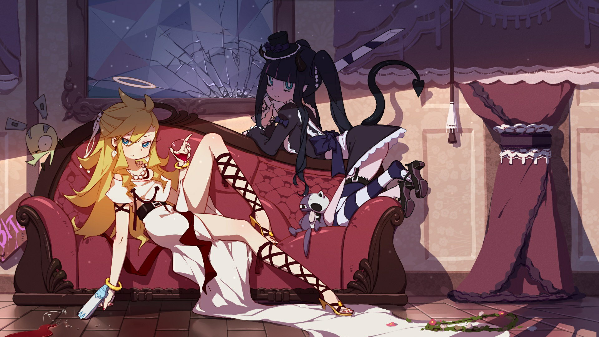 Anime 1920x1080 anime anime girls legs couch long hair Panty and Stocking with Garterbelt Anarchy Panty Anarchy Stocking halo tail