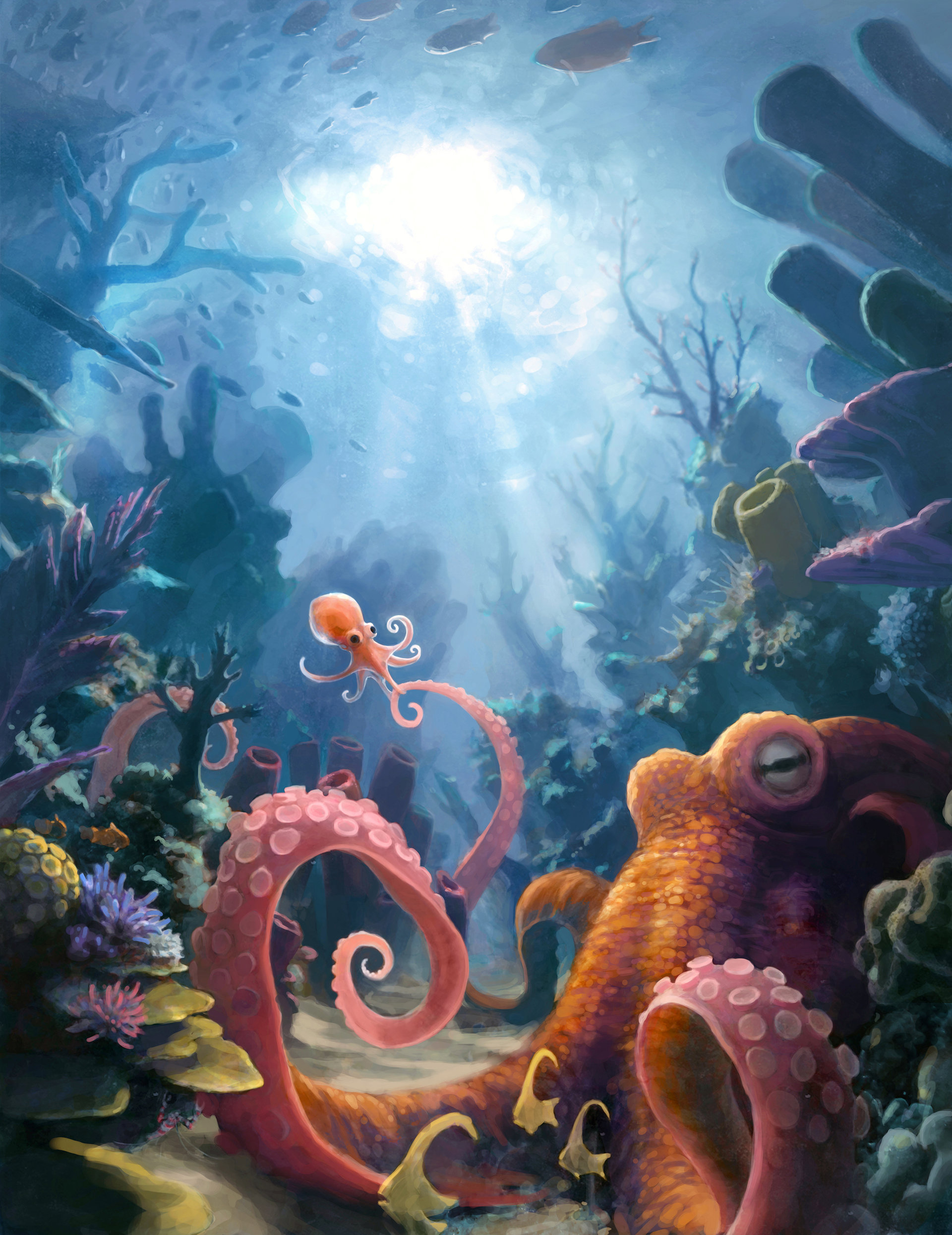 General 1920x2490 digital art artwork octopus sea fish animals sun rays coral portrait display